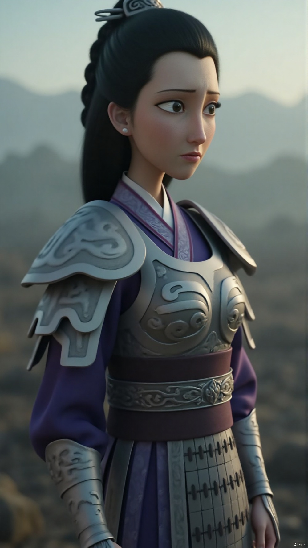 nzyfr,In an ancient setting, a female general exudes a valiant aura, clad in intricately detailed silver armor that gleams under the soft, diffused light. Her black hair, sleek and tied back in a traditional warrior's style, frames her determined face as she stands in deep contemplation. The armor, with its ornate engravings and polished surface, reflects the surrounding environment, adding to the scene's historical and majestic feel. The background is a serene landscape, perhaps a misty battlefield or a tranquil courtyard, enhancing the sense of calm and focus. The entire composition is perfect for a captivating and inspiring wallpaper.