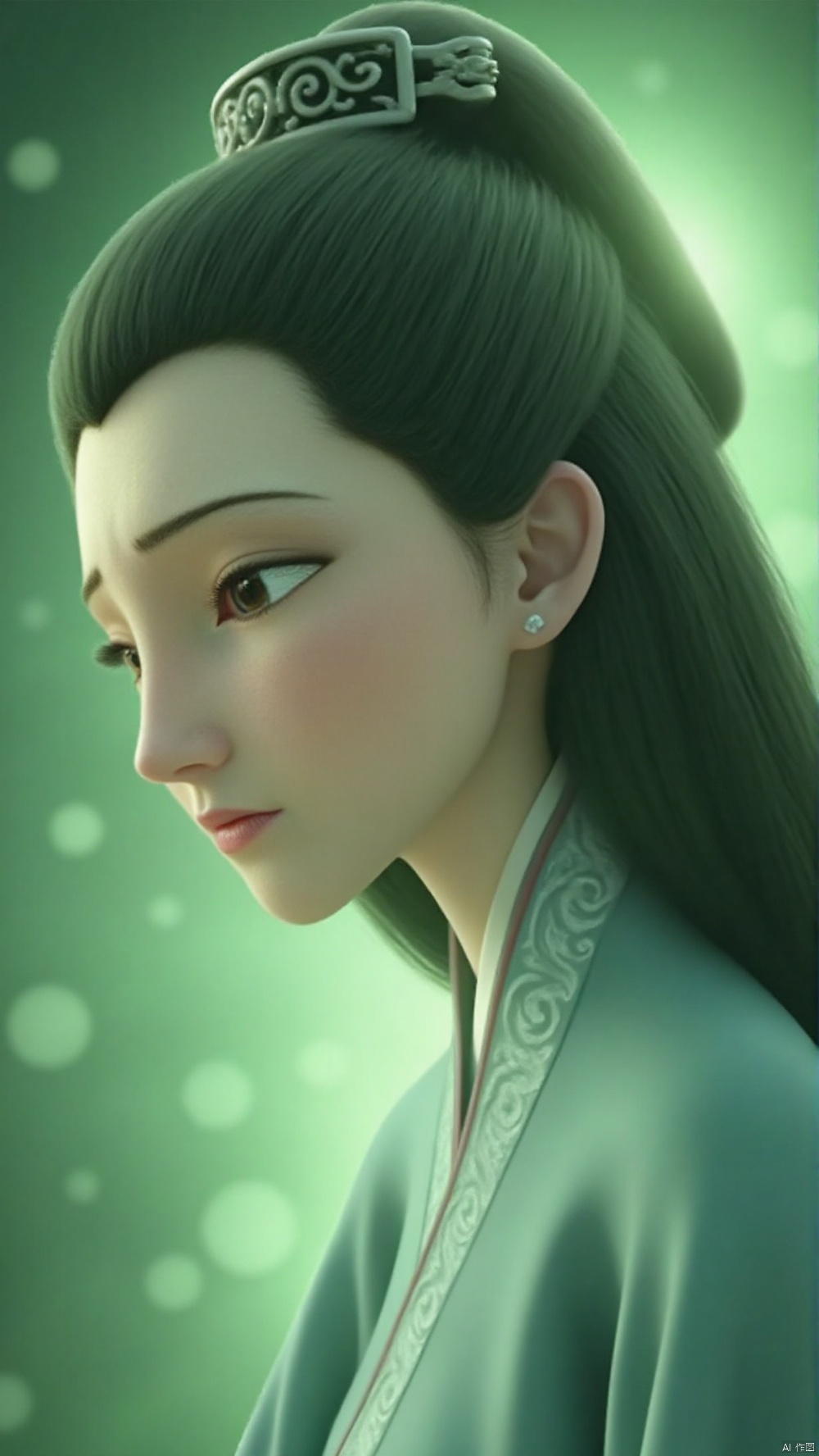 nzyfr,In a stunning illustration, a majestic and ethereal Chinese-style giantess with the delicate features of a beautiful maiden is depicted in profile. Her eyes are closed, exuding a serene and tranquil aura. The overall color palette is a soft, traditional Chinese green, evoking a sense of calm and elegance