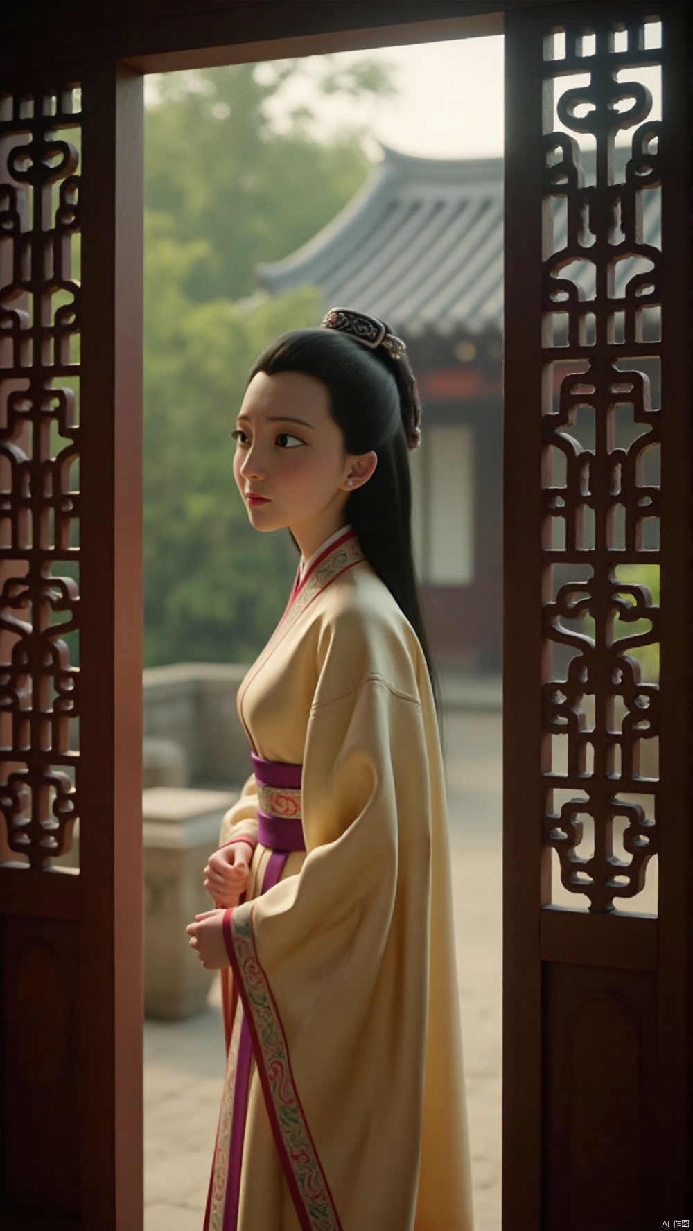 nzyfr,The photograph captures a person standing in a traditional Chinese setting, with intricate wooden lattice screens framing the scene. The individual is dressed in a flowing, pale yellow silk robe with intricate embroidery featuring red, green, and gold floral patterns. The garment is a traditional Chinese outfit, likely a qipao, known for its elegance and historical significance. The person's face is partially visible, with a serene expression, and they have a delicate, oval face and long, straight black hair adorned with intricate hairpins and a headpiece. The person's skin tone appears light, suggesting East Asian heritage. The background reveals a serene garden with lush greenery and a traditional Chinese-style building with a tiled roof. The lighting is soft and diffused, possibly from the late afternoon sun, casting gentle shadows and adding a tranquil ambiance to the scene. The overall composition and details suggest a historical or cultural festival, emphasizing traditional Chinese attire and architecture. The photograph's focus on the person and the historical setting creates a sense of timelessness and cultural richness.