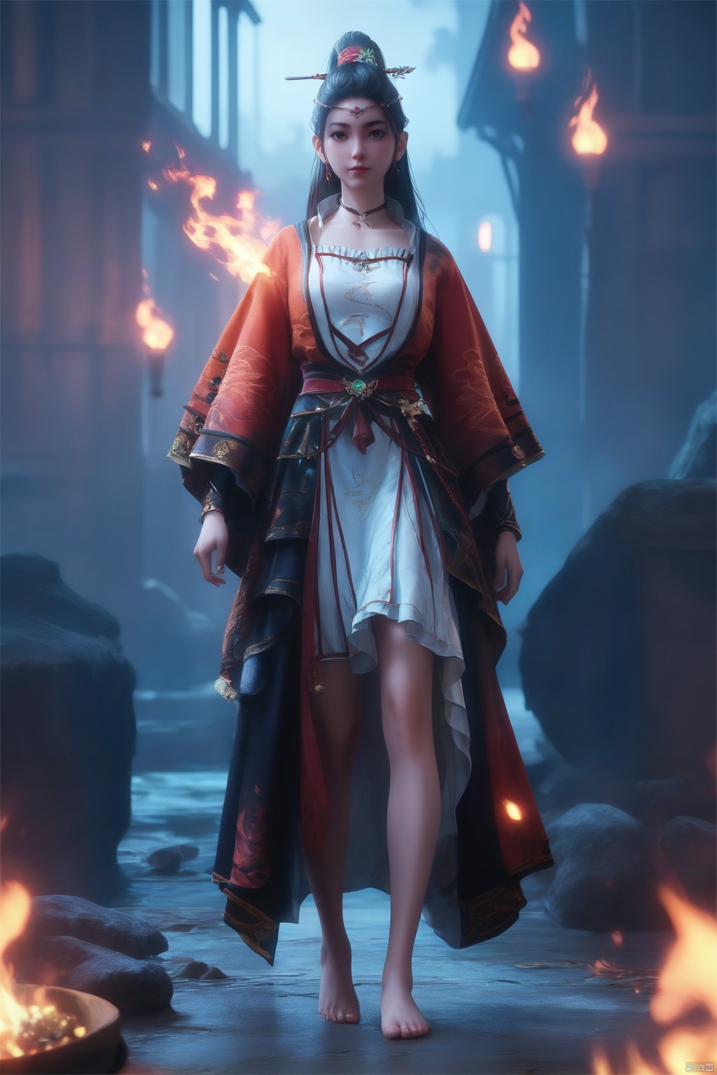 score_9, score_8_up, score_7_up,highly detailed digital,CG,1girl, solo, looking at viewer, black hair, hair ornament, standing, barefoot, fire, full_body, realistic