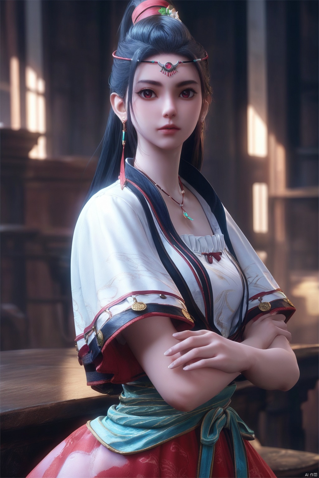 score_9, score_8_up, score_7_up,highly detailed digital,CG,1girl, solo, looking at viewer, black hair, hair ornament, red eyes,short sleeves, earrings, indoors, necklace, crossed arms, realistic