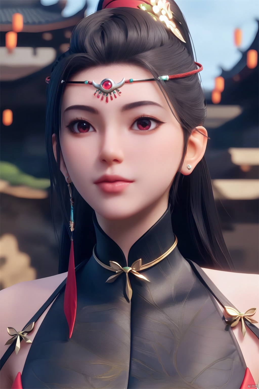 score_9, score_8_up, score_7_up,highly detailed digital,CG,1girl, solo, closed mouth, looking at viewer, black hair, hair ornament, red eyes, jewelry, upper body, ponytail, earrings, outdoors, lips, day, blurry, lips, blurry background, chinese clothes, portrait, circlet, realistic, architecture