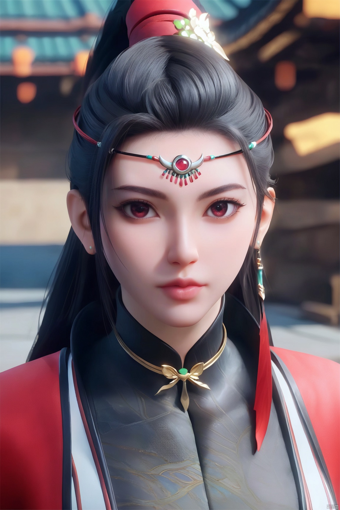 score_9, score_8_up, score_7_up,highly detailed digital,CG,1girl, solo, closed mouth, looking at viewer, black hair, hair ornament, red eyes, jewelry, upper body, ponytail, earrings, outdoors, lips, day, blurry, lips, blurry background, chinese clothes, portrait, circlet, realistic, architecture