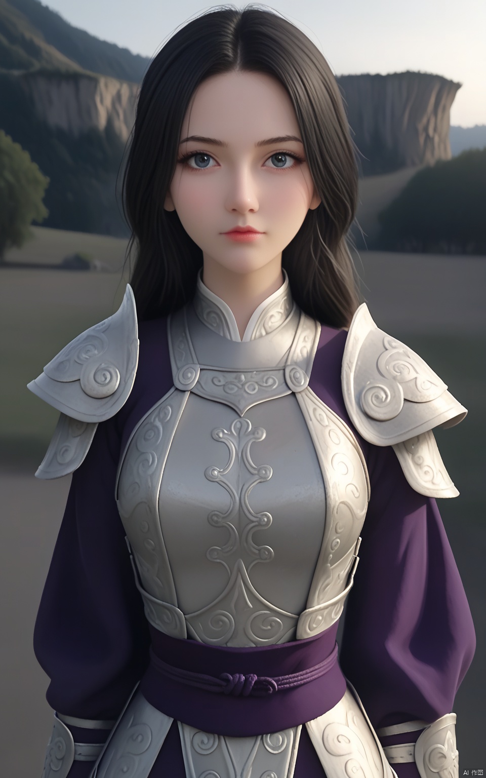 nzyfr,In an ancient setting, a female general exudes a valiant aura, clad in intricately detailed silver armor that gleams under the soft, diffused light. Her black hair, sleek and tied back in a traditional warrior's style, frames her determined face as she stands in deep contemplation. The armor, with its ornate engravings and polished surface, reflects the surrounding environment, adding to the scene's historical and majestic feel. The background is a serene landscape, perhaps a misty battlefield or a tranquil courtyard, enhancing the sense of calm and focus. The entire composition is perfect for a captivating and inspiring wallpaper.,