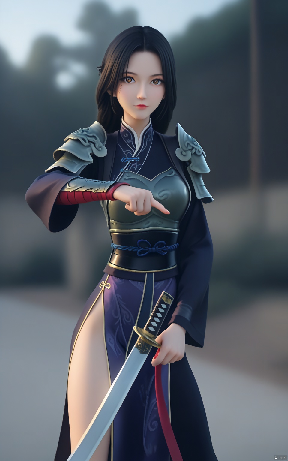 nzyfr,nzyfr,sword,bottu,solo beautiful woman,depth of field,Chinese style,long black hair,brown pupils,perfect hand traditional Chinese heavy armor,hold katana, only show one hand ,Standing sword