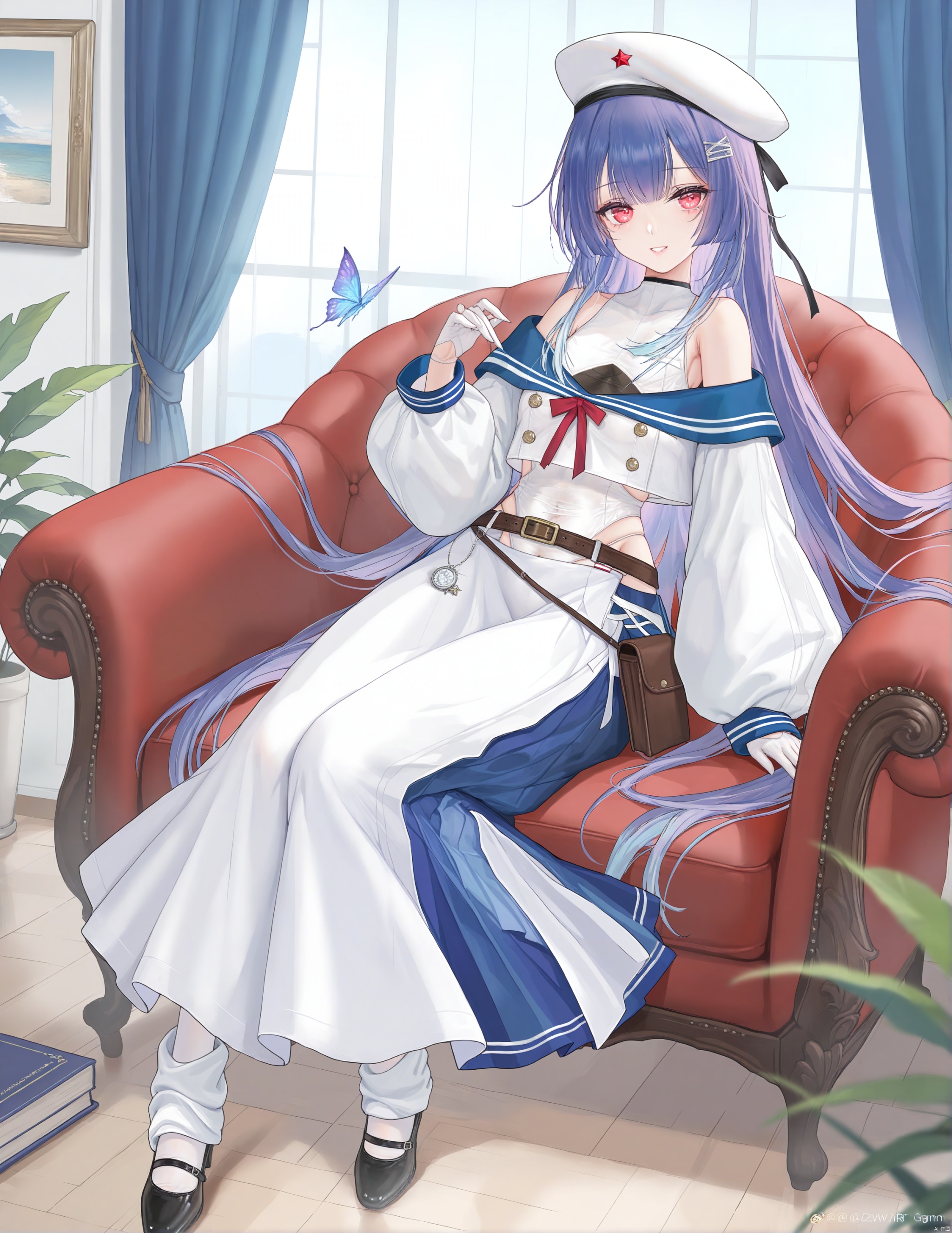 YingTan, 1girl, solo, long hair, white headwear, white gloves, cleavage_cutout, white legwear, looking at viewer, long skirt, full body, long sleeves, bare shoulders, white skirt, off shoulder, belt, leotard, white leotard, (leotard inside), black footwear, mary janes, shirt, breasts, blue collar, beret, white shirt, leg warmers, sitting, living room, smile, 

(konya_karasue:0.3),(meion:0.5),(jima:0.2),(torino_aqua:0.1),(sora_72-iro:0.6),(miwabe_sakura:0.2),(wlop:0.6),(ciloranko:0.3),(binggong_asylum:0.6),(ask_\(askzy\):0.3),(bison_cangshu:0.5),(yunsang:0.2),(ningen_mame:0.3),(sho_\(sho_lwlw\):0.3),(rhasta:0.2),(deyui:0.2),(chen_bin:0.4),(omone_hokoma_agm:0.7),(pottsness:0.4),(hiten_\(hitenkei\):0.3),(rimuu:0.2),(mignon:0.2),(sheya:0.2),(nyalia:0.3),

official art,depth of field,best quality,amazing quality,very aesthetic,absurdres,best quality,masterpiece,ultra detailed, newest,8K,HDR,masterpiece,best quality,newest,absurdres,highres,very awa,