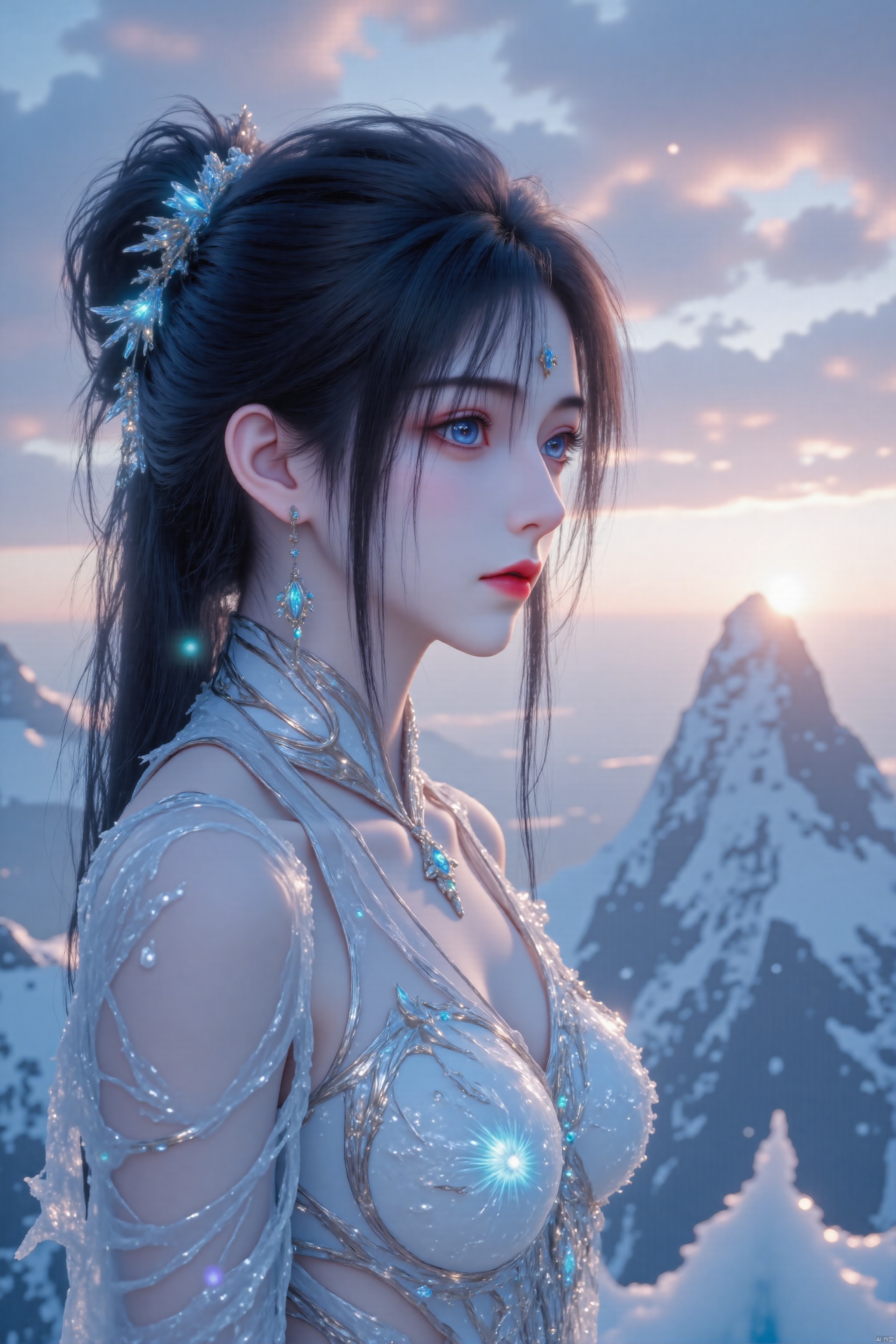 Close-up shot of a young girl standing at the summit of a majestic mountain,  her slender figure encased in a delicate dre...