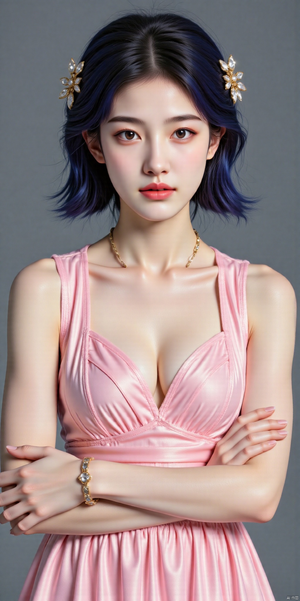 8K, ultra clear,A solo shot of a girl standing, looking directly at the viewer with an air of confidence. Her short blue hair is styled with a delicate hair ornament, framing her heart-shaped face. She wears a stunning pink dress that falls just above her knees, adorned with intricate jewelry pieces on her ears and armlet. Her bright blue eyes sparkle under arched brows, while her closed lips hint at a secret. The overall aesthetic is one of elegance and poise, with realistic details that bring the subject to life.photo taken with a Canon EOS R6 Mark II Mirrorless camera in the style of 35mm f/8 aperture,