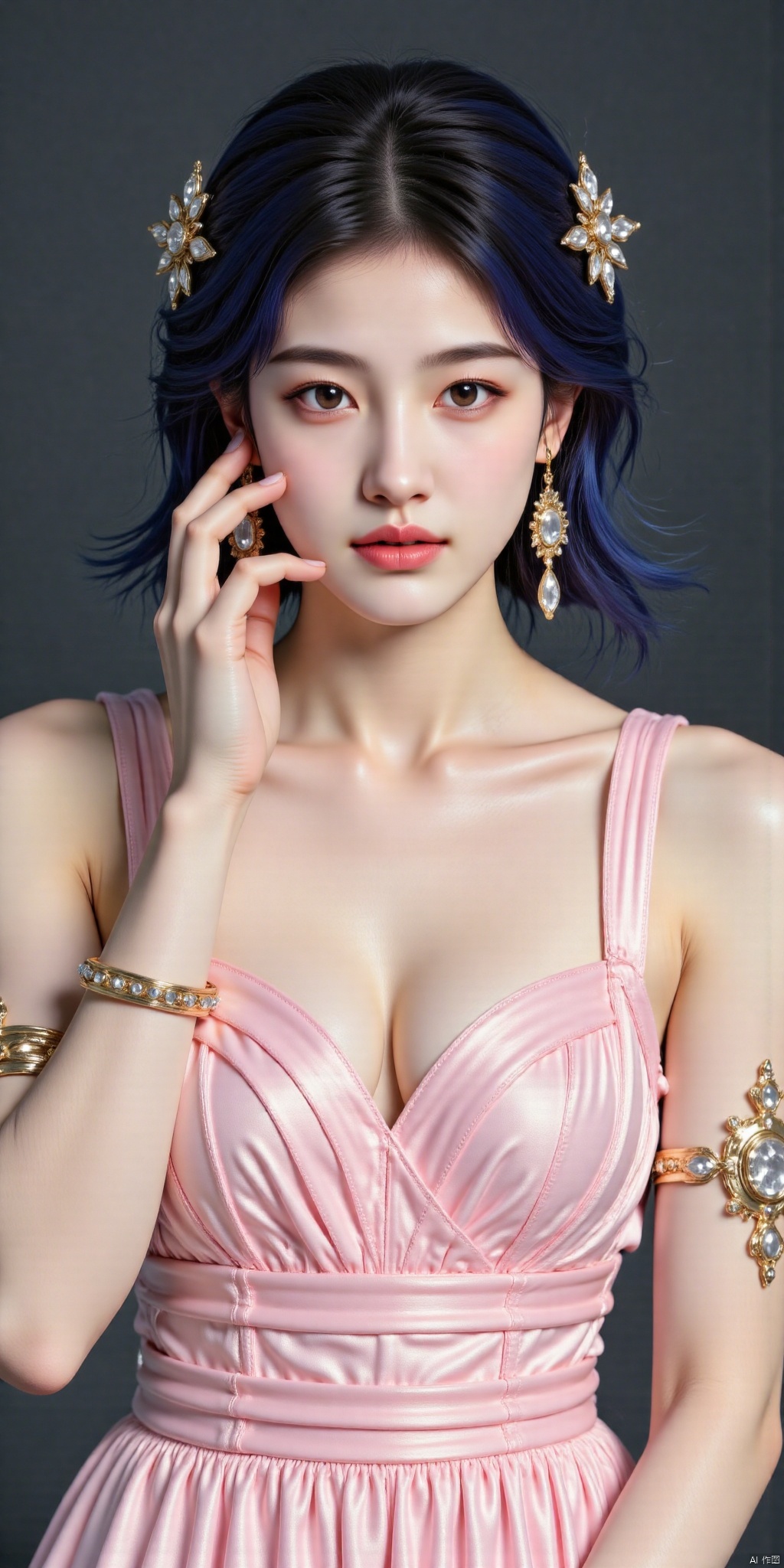 8K, ultra clear,A solo shot of a girl standing, looking directly at the viewer with an air of confidence. Her short blue hair is styled with a delicate hair ornament, framing her heart-shaped face. She wears a stunning pink dress that falls just above her knees, adorned with intricate jewelry pieces on her ears and armlet. Her bright blue eyes sparkle under arched brows, while her closed lips hint at a secret. The overall aesthetic is one of elegance and poise, with realistic details that bring the subject to life.photo taken with a Canon EOS R6 Mark II Mirrorless camera in the style of 35mm f/8 aperture,