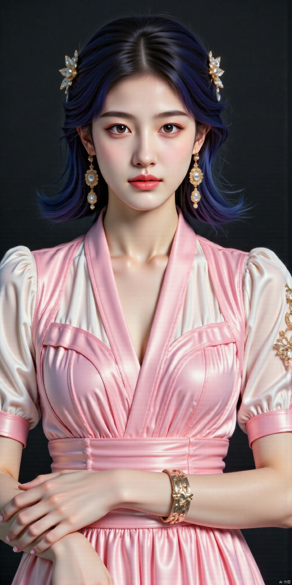 8K, ultra clear,A solo shot of a girl standing, looking directly at the viewer with an air of confidence. Her short blue hair is styled with a delicate hair ornament, framing her heart-shaped face. She wears a stunning pink dress that falls just above her knees, adorned with intricate jewelry pieces on her ears and armlet. Her bright blue eyes sparkle under arched brows, while her closed lips hint at a secret. The overall aesthetic is one of elegance and poise, with realistic details that bring the subject to life.photo taken with a Canon EOS R6 Mark II Mirrorless camera in the style of 35mm f/8 aperture,