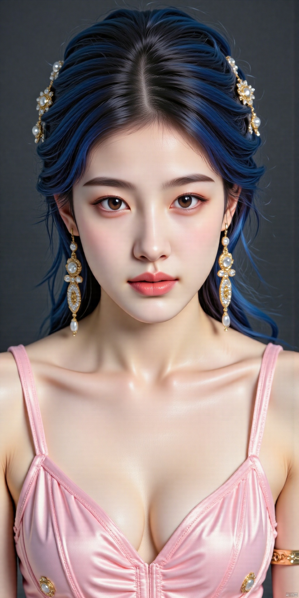 8K, ultra clear,A solo shot of a girl standing, looking directly at the viewer with an air of confidence. Her short blue hair is styled with a delicate hair ornament, framing her heart-shaped face. She wears a stunning pink dress that falls just above her knees, adorned with intricate jewelry pieces on her ears and armlet. Her bright blue eyes sparkle under arched brows, while her closed lips hint at a secret. The overall aesthetic is one of elegance and poise, with realistic details that bring the subject to life.photo taken with a Canon EOS R6 Mark II Mirrorless camera in the style of 35mm f/8 aperture,