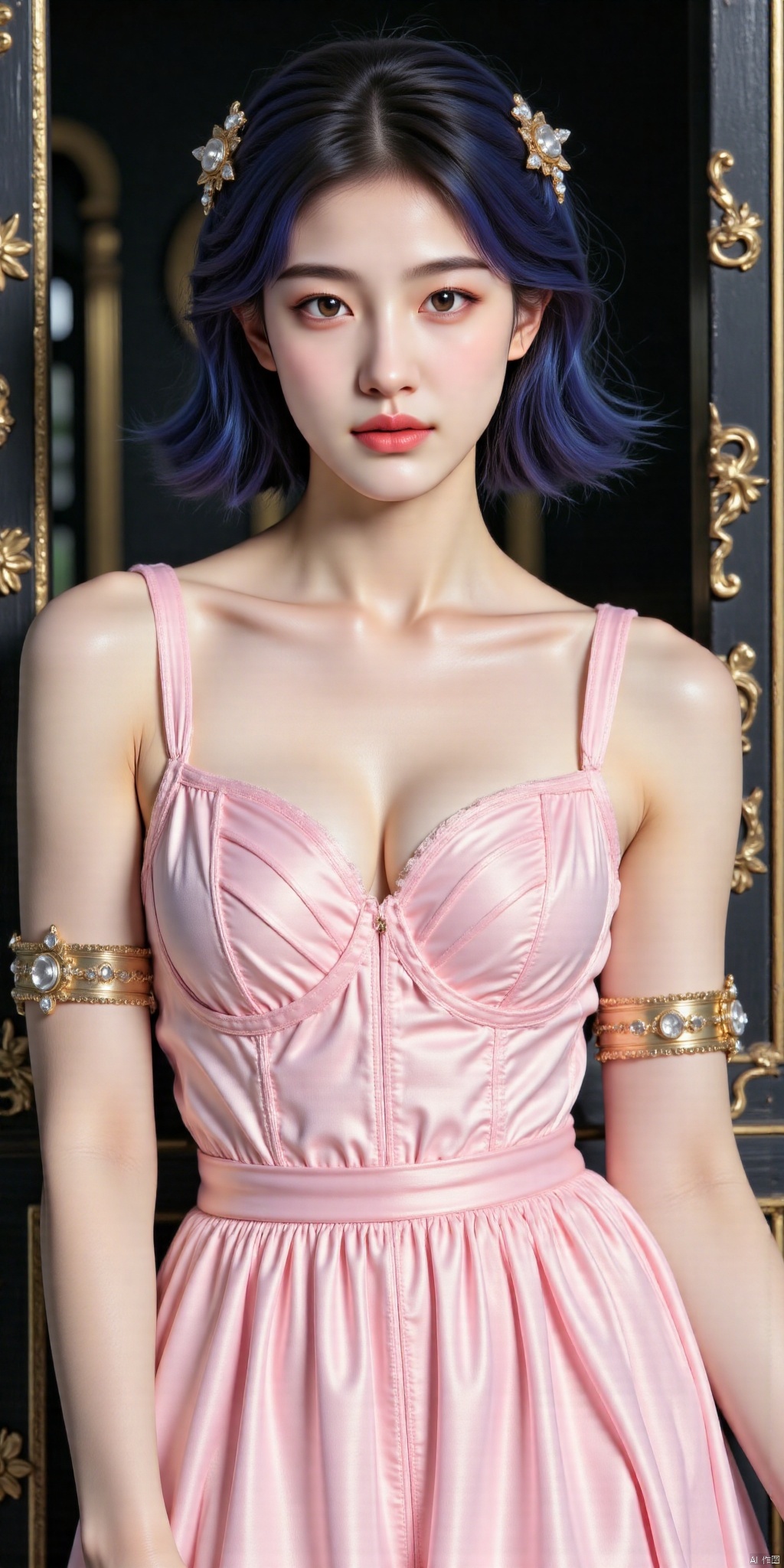 8K, ultra clear,A solo shot of a girl standing, looking directly at the viewer with an air of confidence. Her short blue hair is styled with a delicate hair ornament, framing her heart-shaped face. She wears a stunning pink dress that falls just above her knees, adorned with intricate jewelry pieces on her ears and armlet. Her bright blue eyes sparkle under arched brows, while her closed lips hint at a secret. The overall aesthetic is one of elegance and poise, with realistic details that bring the subject to life.photo taken with a Canon EOS R6 Mark II Mirrorless camera in the style of 35mm f/8 aperture,