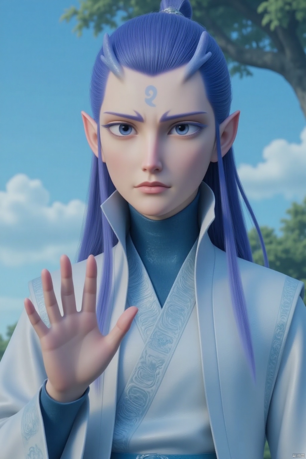 solo, long hair, looking at viewer, blue eyes, long sleeves, 1boy, blue hair, upper body, purple hair, male focus, outdoors, sky, day, pointy ears, cloud, hand up, blurry, tree, blue sky, lips, blurry background, facial mark, robe, forehead mark, realistic