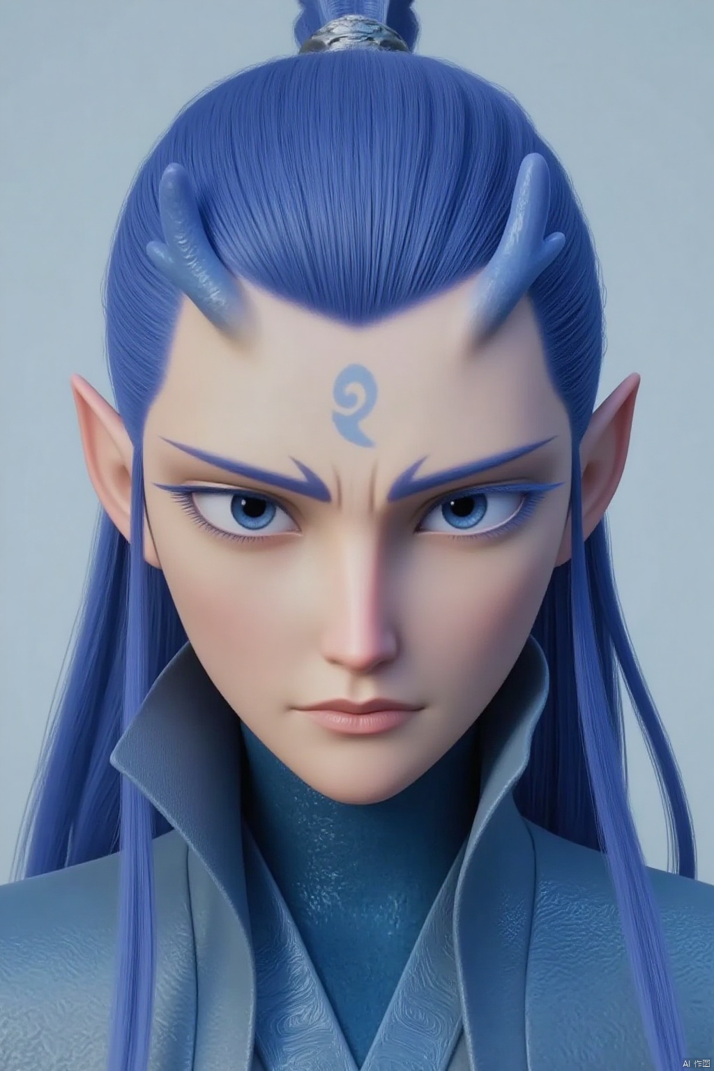 solo, long hair, looking at viewer, blue eyes, 1boy, closed mouth, blue hair, upper body, ponytail, male focus, horns, pointy ears, black eyes, makeup, facial mark, eyeshadow, forehead mark, hair pulled back