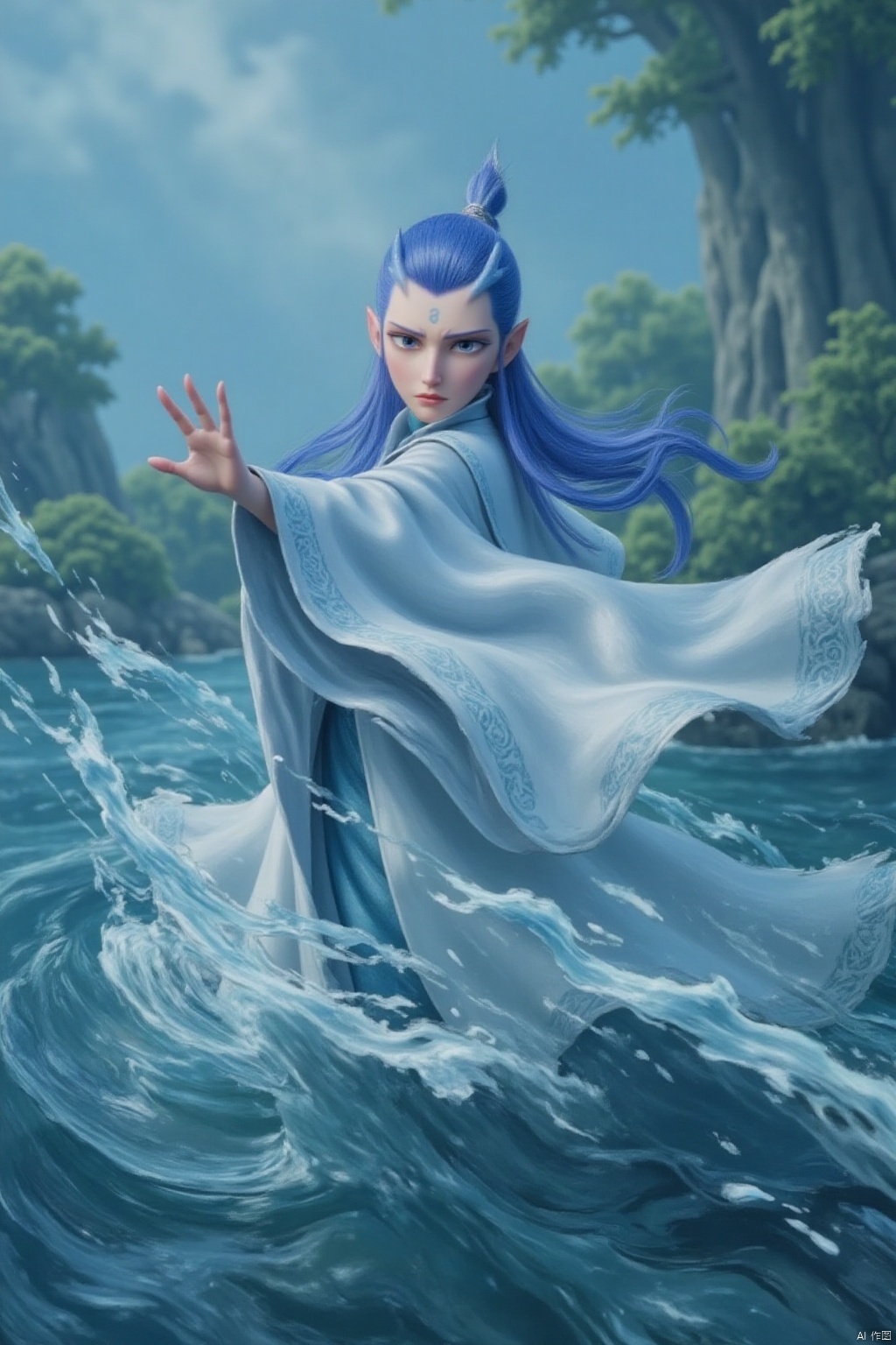 A majestic solo figure emerges from the misty waters. A young boy with piercing blue eyes and striking blue hair stands tall, his long hair flowing like seaweed in the gentle current. He gazes directly at the viewer, pointy ears prominent against the soft focus of his upper body. Wide sleeves billow behind him like a dragon's wings as he moves. Clad in a flowing robe, he appears to be beckoning us towards the mystical realm of eastern dragons. The water's surface ripples with subtle motion blur, inviting us into this enchanted world.