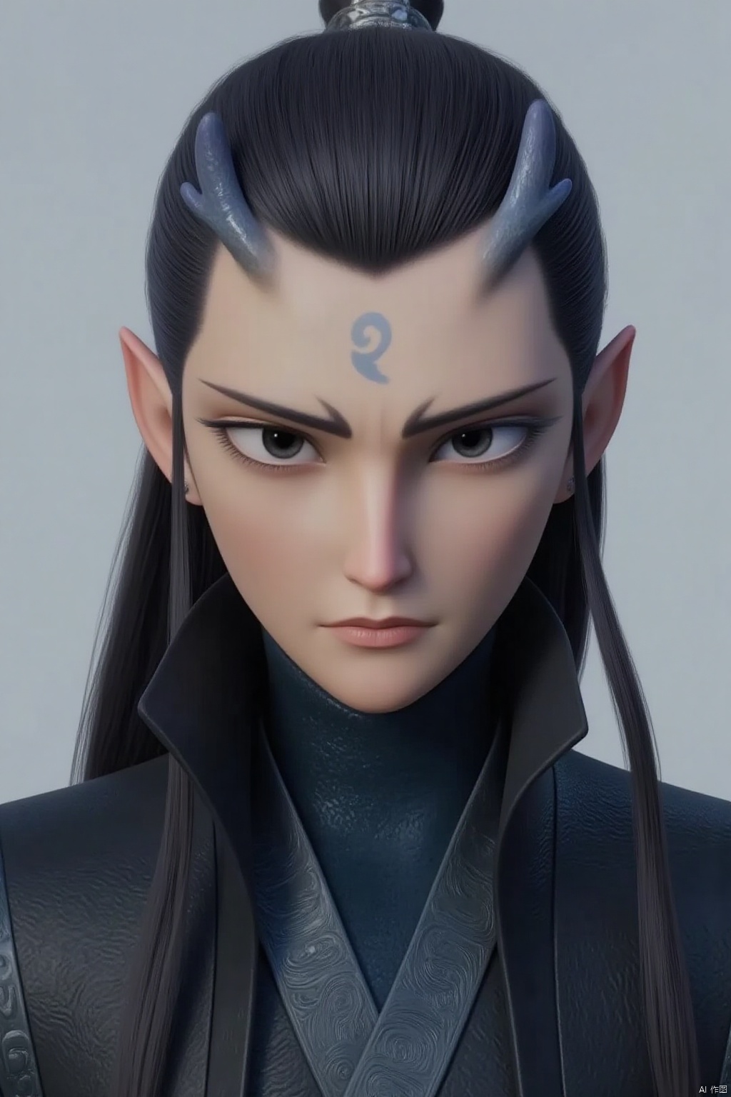 solo, long hair, looking at viewer, black hair, hair ornament, 1boy, jewelry, closed mouth, upper body, male focus, earrings, horns, pointy ears, black eyes, forehead mark, realistic, hair pulled back