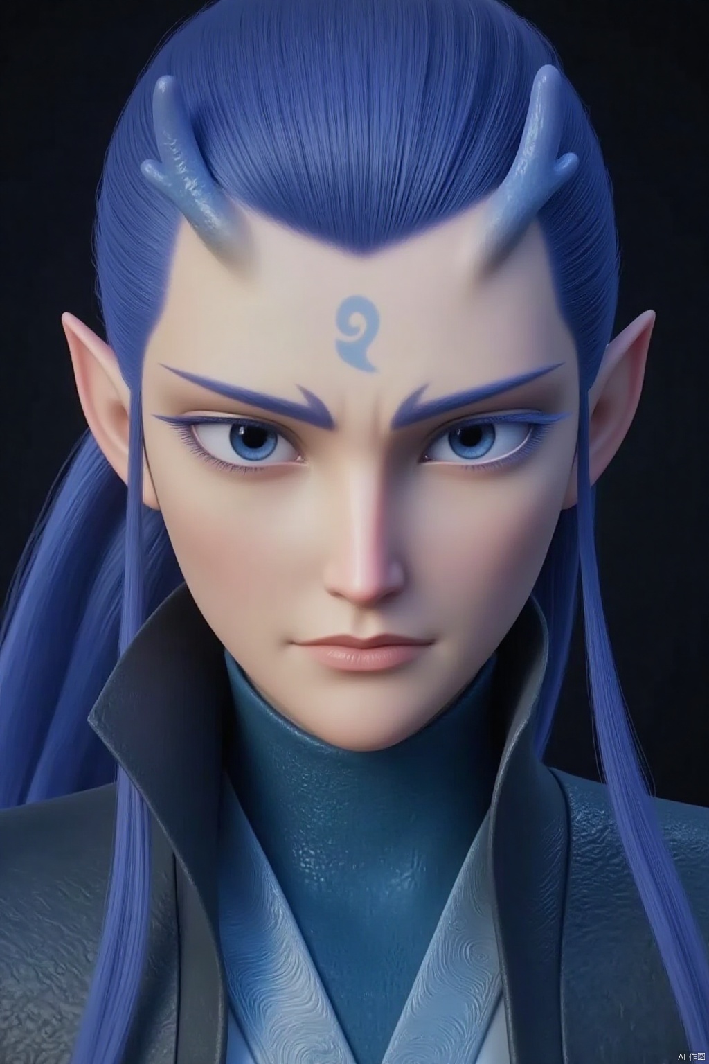solo, long hair, looking at viewer, blue eyes, 1boy, closed mouth, blue hair, upper body, ponytail, male focus, horns, pointy ears, black eyes, makeup, facial mark, eyeshadow, forehead mark, hair pulled back