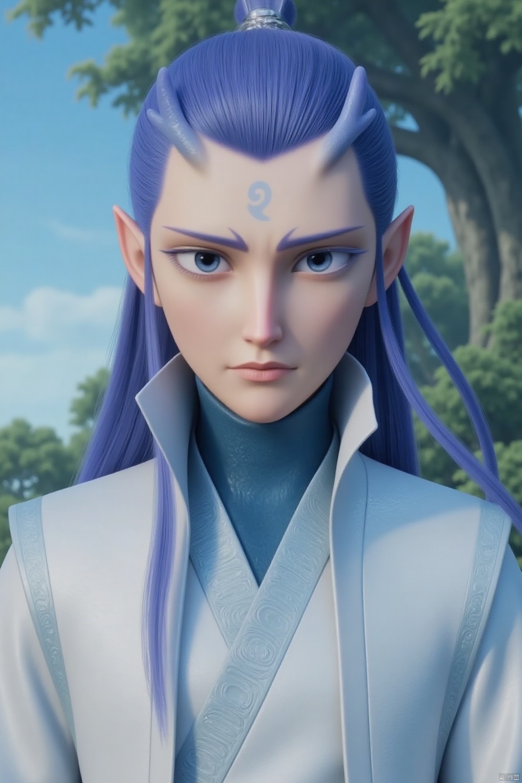 solo, long hair, looking at viewer, blue eyes, long sleeves, 1boy, blue hair, upper body, purple hair, male focus, outdoors, sky, day, pointy ears, cloud, hand up, blurry, tree, blue sky, lips, blurry background, facial mark, robe, forehead mark, realistic