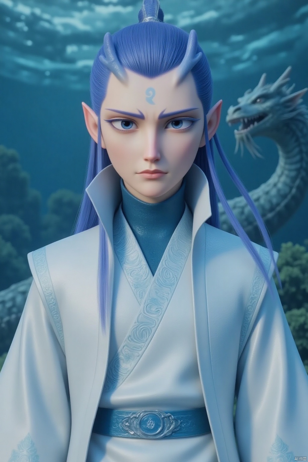 A solo figure of a boy with striking features: long blue hair, piercing blue eyes, and pointed ears. He wears a flowing white robe with wide sleeves, his gaze directly at the viewer. The image is framed by a blurred water background, with an eastern dragon's body visible beneath the surface.
