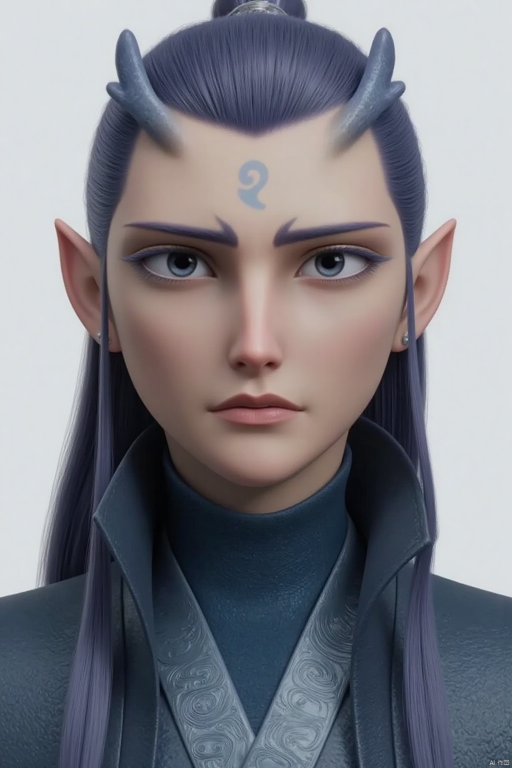solo, long hair, looking at viewer, black hair, hair ornament, 1boy, jewelry, closed mouth, upper body, male focus, earrings, horns, pointy ears, black eyes, forehead mark, realistic, hair pulled back