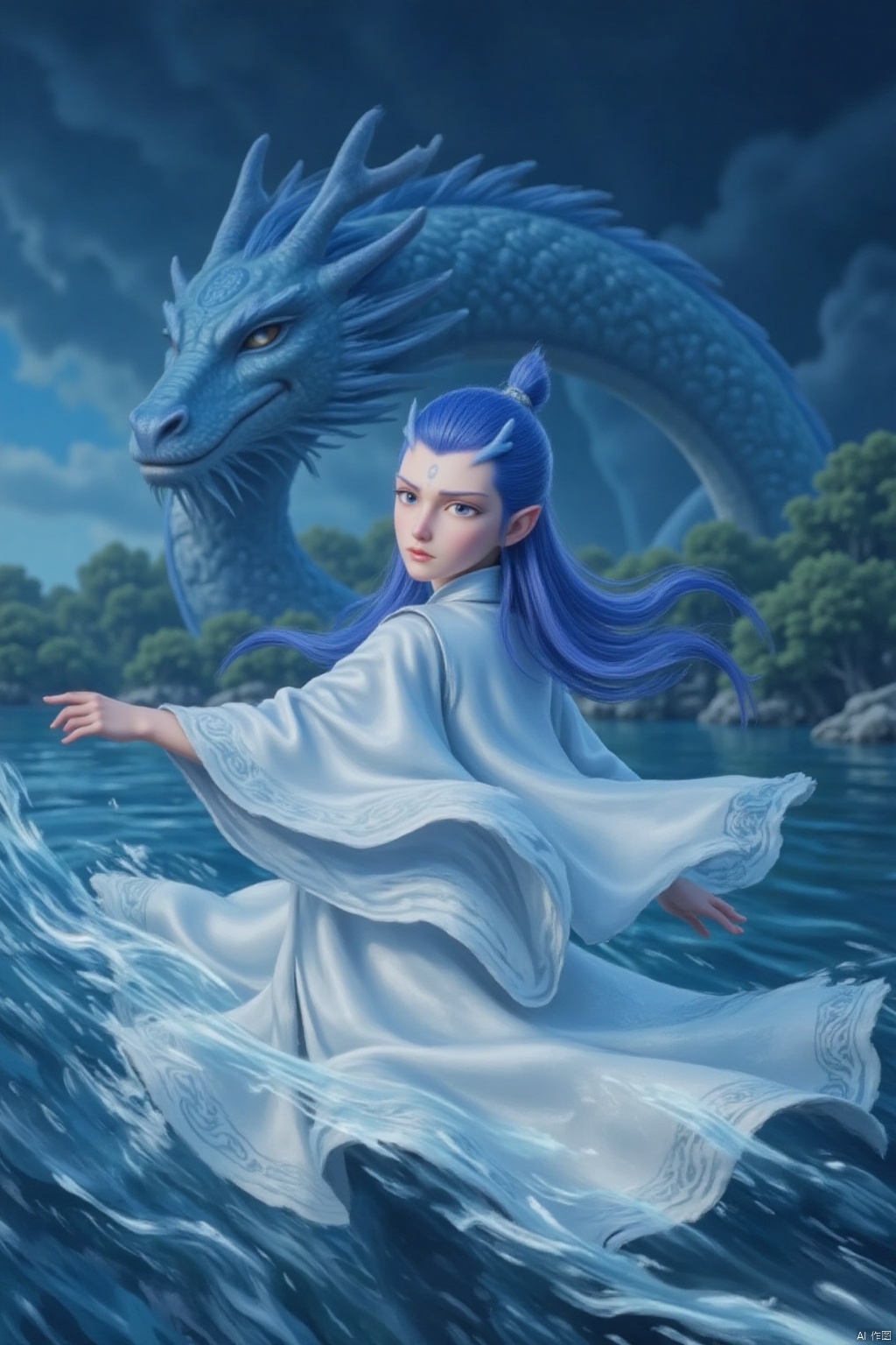 A lone young boy with striking blue hair and piercing blue eyes, dressed in a flowing white robe with wide, billowy sleeves, stands at the edge of a serene lake. His long hair flows behind him like a river of night. Pointy ears protrude from his head as he gazes directly into the viewer's soul. Water ripples gently beneath his feet as he seems to be in mid-motion, captured by a subtle motion blur effect. In the background, an eastern dragon rises majestically from the depths, its scales glinting in the soft light of day.