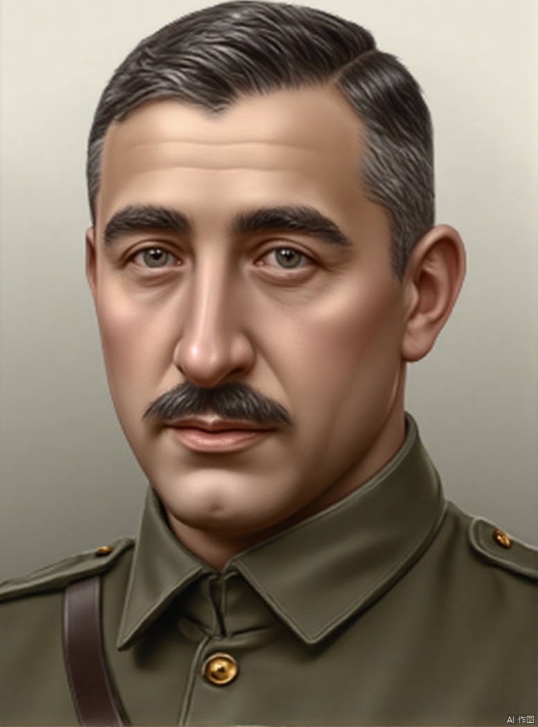 solo, 1boy, upper body, male focus, military, military uniform, facial hair, realistic, manly, collared shirt, film texture, oil painting texture, high contrast, highlights