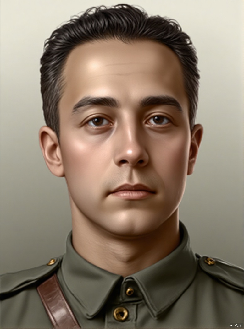 solo, 1boy, upper body, male focus, military, military uniform, facial hair, realistic, manly, collared shirt, film texture, oil painting texture, high contrast, highlights