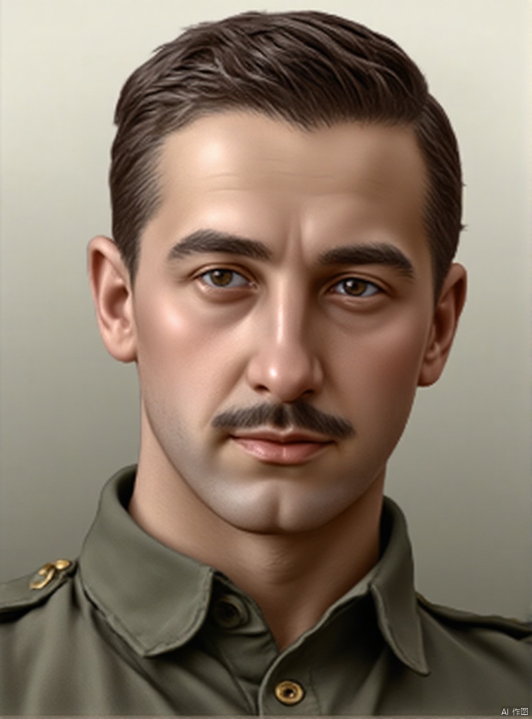 solo, 1boy, upper body, male focus, military, military uniform, facial hair, realistic, manly, collared shirt, film texture, oil painting texture, high contrast, highlights