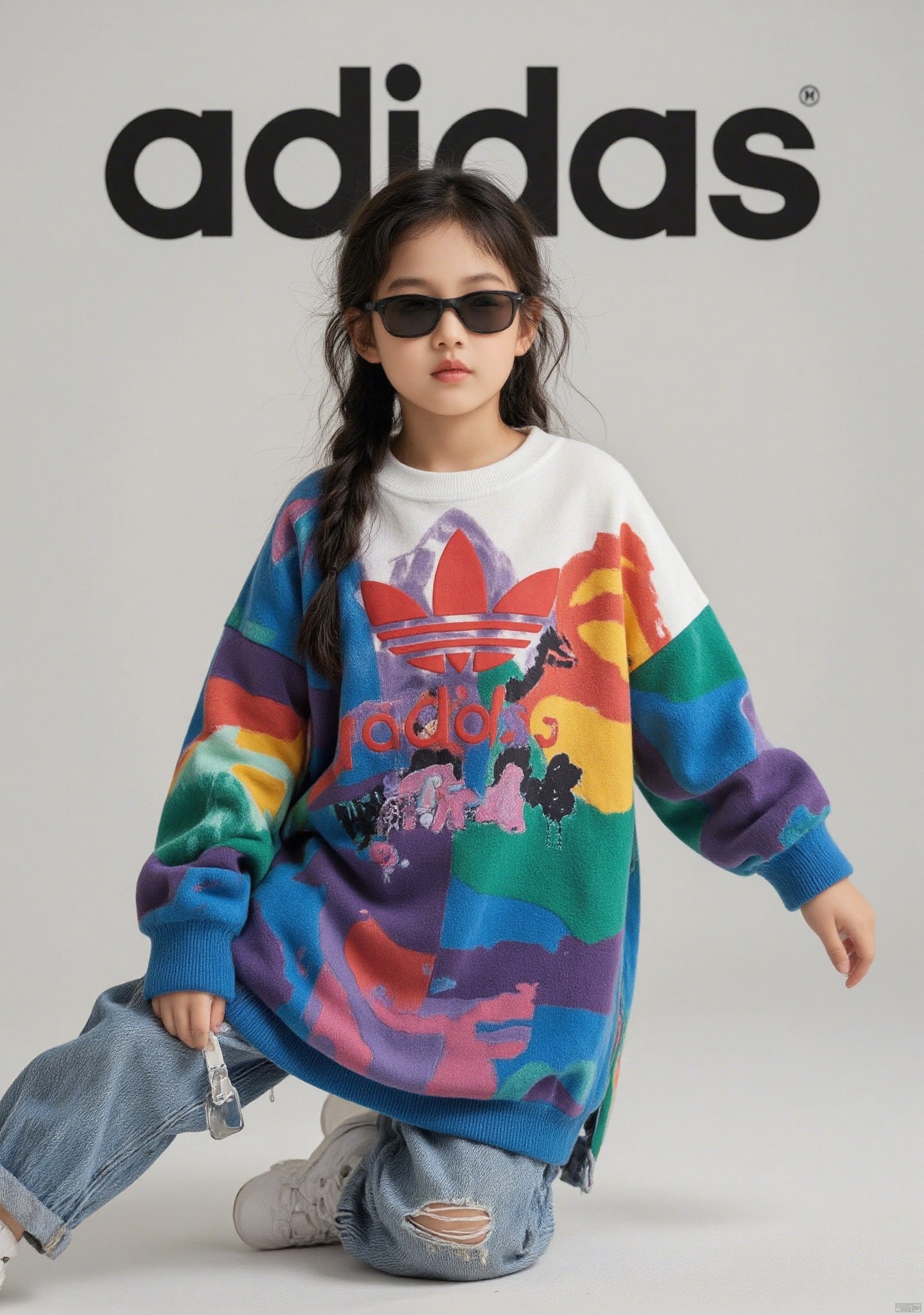 A cute little girl wearing a colorful Adidas sports sweatshirt, in a dynamic posture, wearing black sunglasses, with the text "Adidas" in the background. The trendy photography technique creates a visual effect similar to a magazine cover