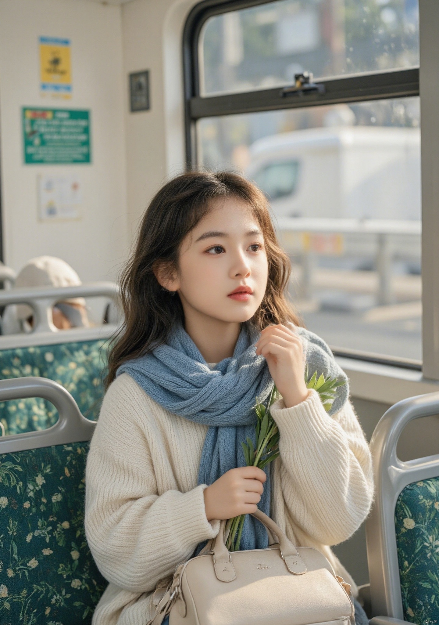 a young Asian woman is seated on a green seat on a bus. She is wearing a cream-colored sweater, a blue scarf around her neck, and her brown hair cascades over her shoulders. She's looking off to the right, with a bag in front of her, adding a touch of contrast to her outfit. The bag is a light beige, and she's holding a green plant. The background is blurred, suggesting a sunny day.