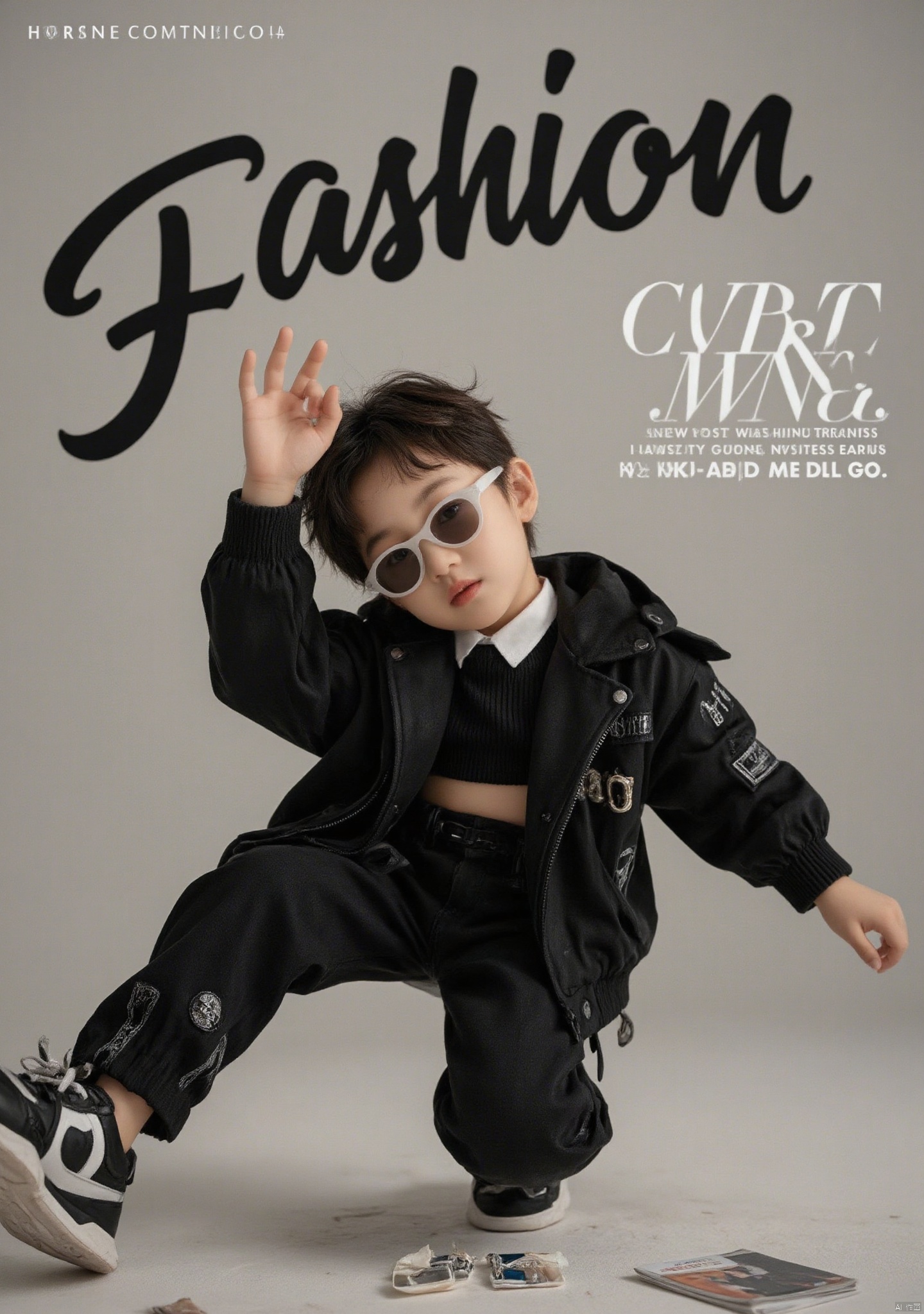 Head up shot, low angle shot of an 11 year old girl wearing a black trendy jacket dancing, dynamic posture, lifting one hand, perfect fingers, one foot off the ground, wearing white sunglasses, trendy magazine background, with the text "Fashion" in the background, creating a magazine cover like visual effect