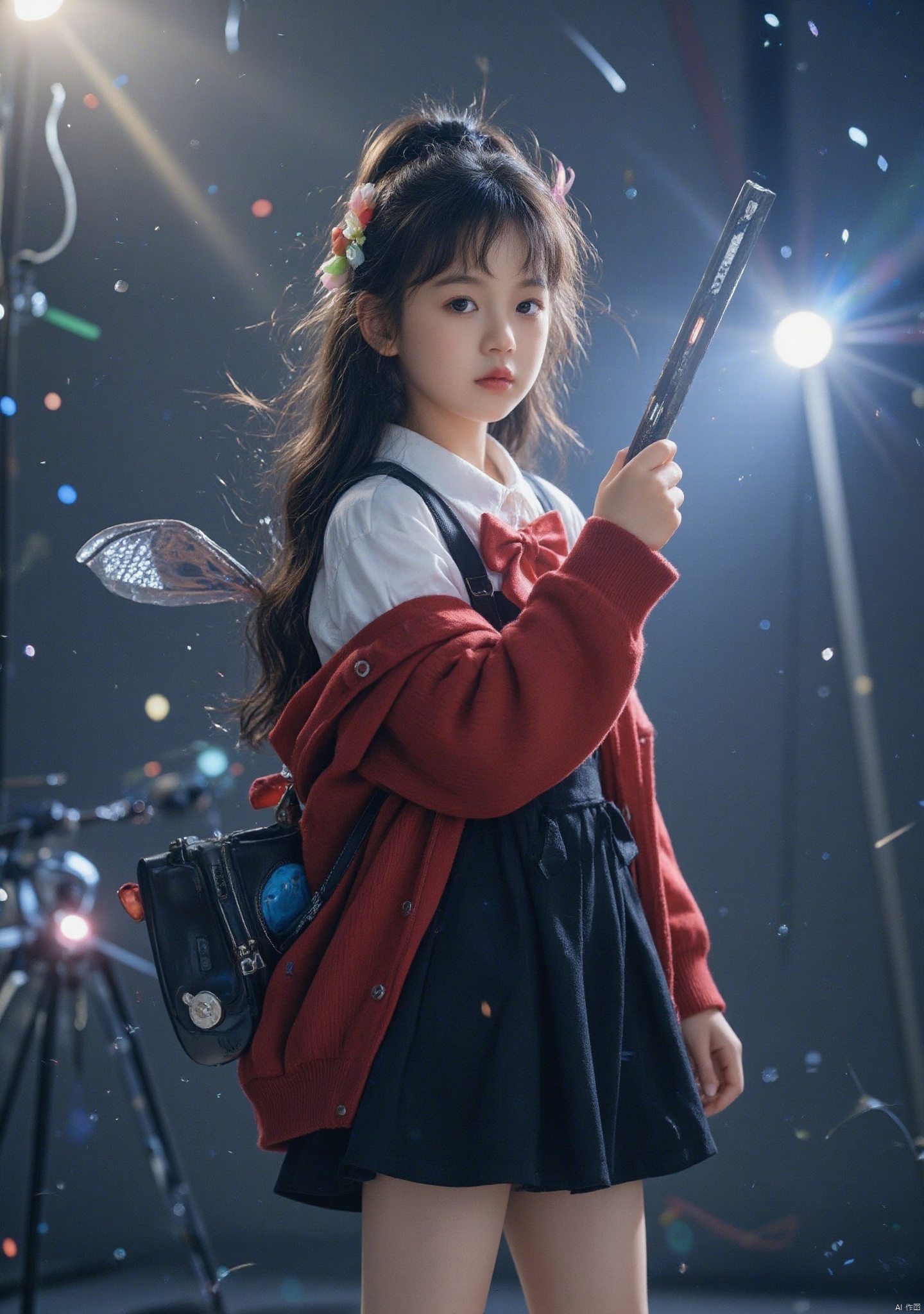 1girl, solo, long hair, looking at viewer, bangs, skirt, shirt, hair ornament, long sleeves, dress, bow, closed mouth, jacket, yellow eyes, ponytail, pink hair, flower, cowboy shot, open clothes, collared shirt, hair flower, hood, bowtie, black skirt, off shoulder, black dress, red bow, open jacket, floating hair, expressionless, red flower, red bowtie, red jacket, zipper, holding katana, zipper pull tab, backlighting,{flashing black,shine noise},(red eye tail),evil wing,bleed,blood on face,cowboy shoot,broken heart,blue and white theme, depth of field, cinematic lighting, light particles, lens flare, (artist:quasarcake:0.8), extreme aesthetic, (wlop:0.6), masterpiece, best quality, good quality, newest, year 2024, year 2023, very aesthetic, absurdres, Visual impact, A shot with tension, ultra-high resolution, 32K UHD, sharp focus, best-quality, masterpiece, Emotionalization, unconventional supreme masterpiece, masterful details, temperate atmosphere, with a high-end texture, in the style of fashion photography, (Visual impact:1.2), giving the poster a dynamic and visually striking appearance, impactful picture, official art, colorful, splash of color, movie perspective, masterpiece, best quality, amazing quality, very aesthetic, absurdres, best quality, newest,