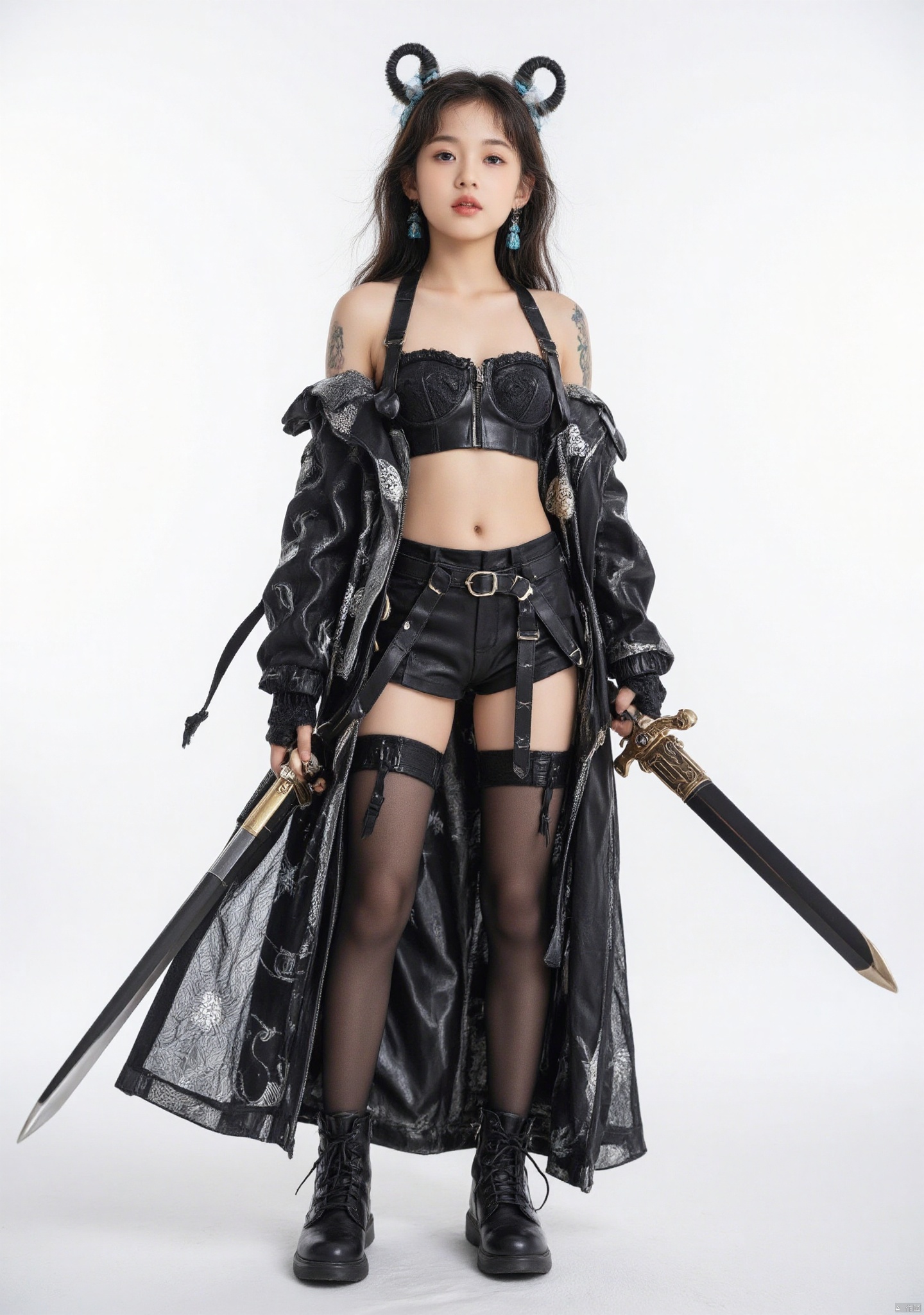 1girl, solo, long hair, breasts, open mouth, blue eyes, simple background, black hair, thighhighs, gloves, white background, holding, jewelry, standing, full body, weapon, multicolored hair, earrings, boots, teeth, black gloves, sword, fingerless gloves, holding weapon, armor, covered navel, tattoo, 