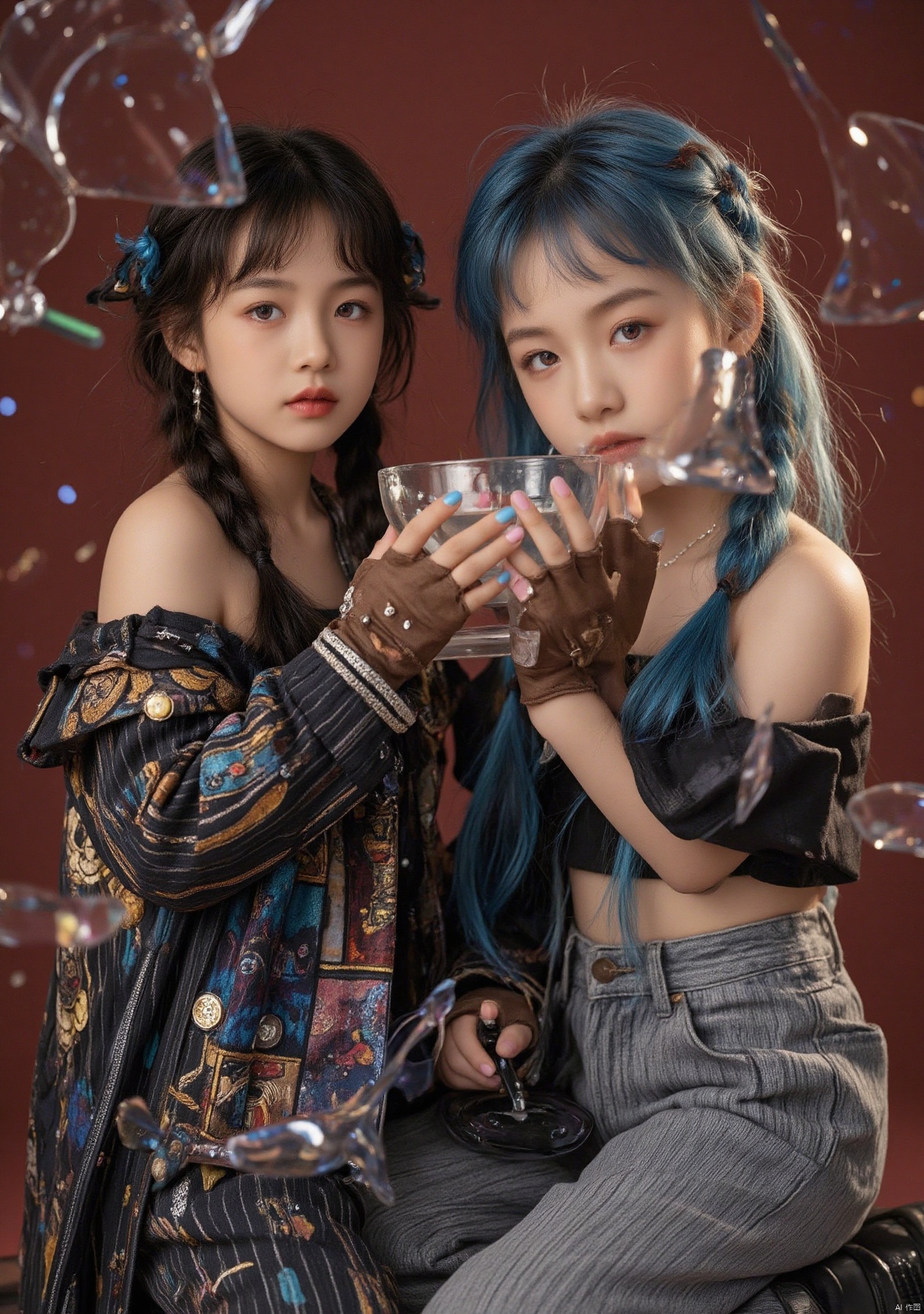1girl, long hair, looking at viewer, bangs, blue eyes, multiple girls, gloves, holding, 2girls, bare shoulders, very long hair, blue hair, purple eyes, braid, teeth, striped, pants, tears, fingerless gloves, pink eyes, nail polish, twin braids, crop top, tattoo, red background, pink nails, brown gloves, blue nails, reflection, mirror, asymmetrical bangs, glass, broken glass, striped pants, jinx \(league of legends\)