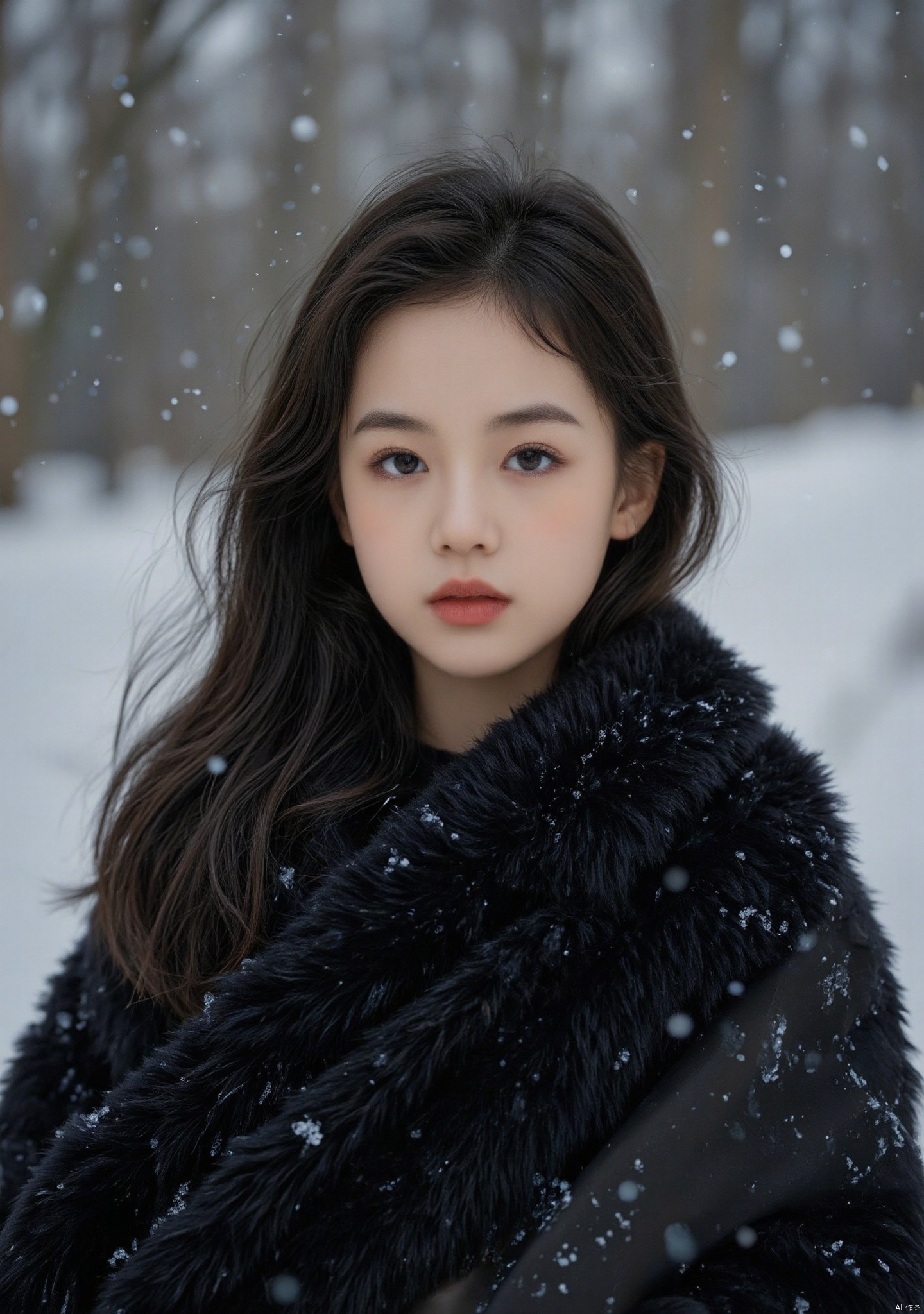 Starlight filter,with white dots dotting the entire image,Alone in the blizzard, her porcelain skin appears delicate against the biting cold, and her rosebud lips tremble slightly. She is wrapped in a black fur blanket, trying to shield herself from the piercing wind. Snowflakes swirl around her, landing on her eyelashes like a thin layer of frost. Despite her fragile appearance, her defiant eyes reveal a resilient strength, as if she will not be easily defeated by the harsh weather