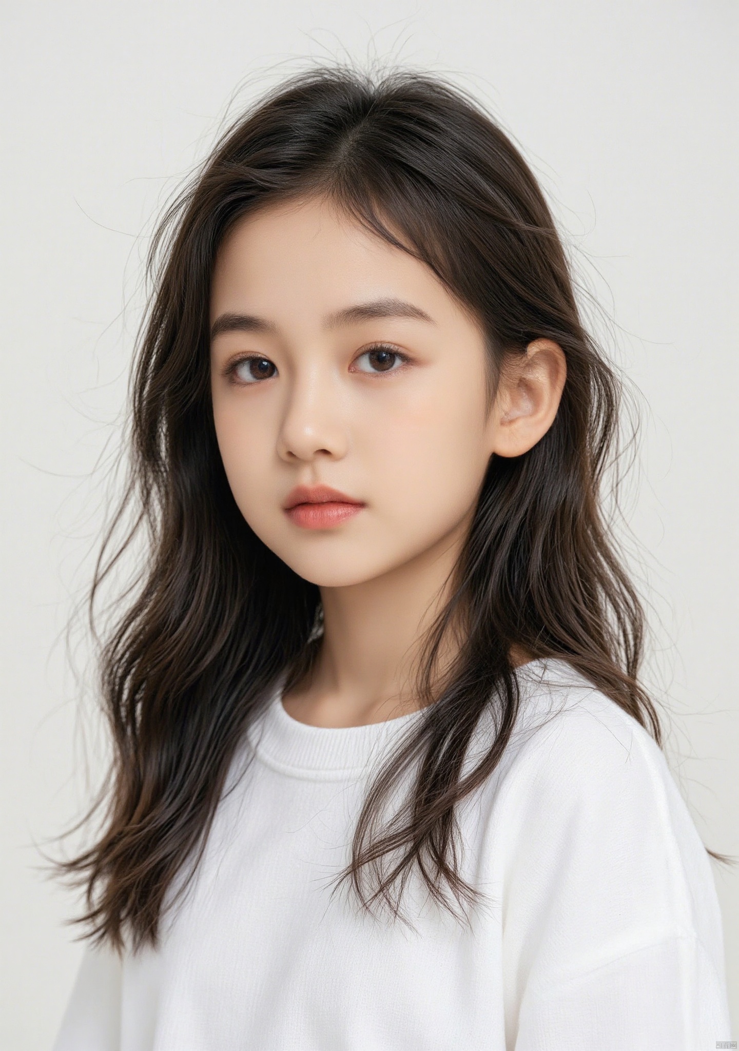 a young girl with a messy hair in a white top and a white background, a character portrait, precisionism, 