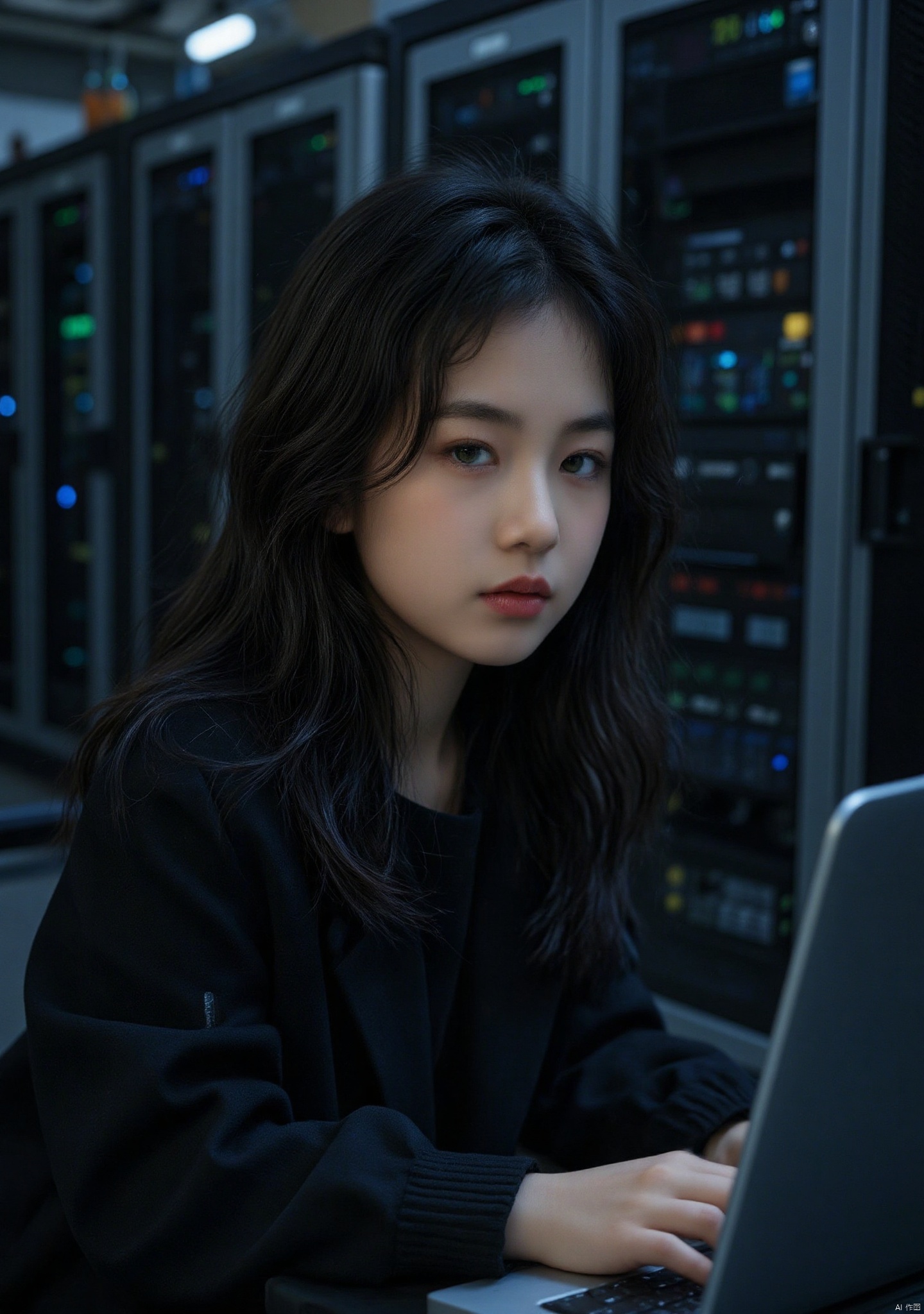 In a dimly lit server room, with rows of humming servers lining the walls, a mysterious woman sits, her raven-black hair cascading around her heart-shaped face like a veil of darkness. Her piercing green eyes seem to gleam in the faint light, as if illuminated from within. She is intensely focused on the coding screens before her, her fingers flying across the keyboard with precision and purpose, crafting the complex algorithms that govern our digital world.
