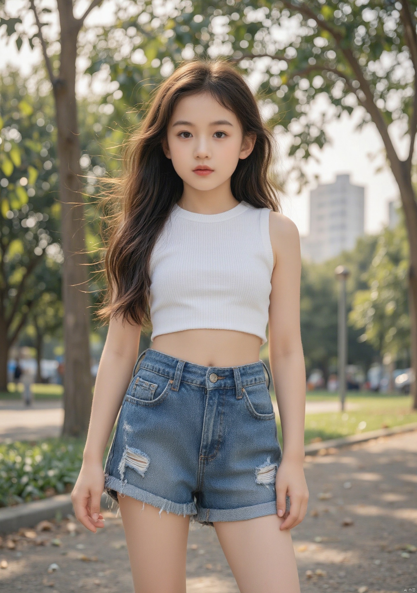 Full length photo of a stunning 14-year-old Asian girl with long, flowing light brown hair and radiant clear pale skin. slim childish body, petite body, slim, cute face, female child. wide angle. Her captivating brown eyes draw the viewer in, while her elegant yet approachable vibe is highlighted by her obediant posture. Natural light enhances her youthful glow, emphasizing her obediant and gentle personality. Her pose is natural, exuding grace and charisma, with a serene expression that captures her inner beauty. She wears a casual yet stylish outfit, consisting of a fitted white crop top that subtly accentuates her slim, toned figure. Paired with high-waisted denim shorts, the outfit gives off a relaxed, effortless vibe, perfect for the warm, outdoor setting. The distressed edges of the shorts add a touch of laid-back style, while the soft sunlight highlights her youthful, glowing skin and graceful pose. The setting is a tranquil park with trees casting dappled shadows on the ground, and a gentle breeze moving through the air. The warm sunlight creates a golden glow, and the peaceful environment adds to the calm atmosphere, emphasizing her natural beauty and serene confidence. The photo captures a quiet moment of relaxation, with the city skyline in the distance providing a subtle contrast to the peaceful park setting.