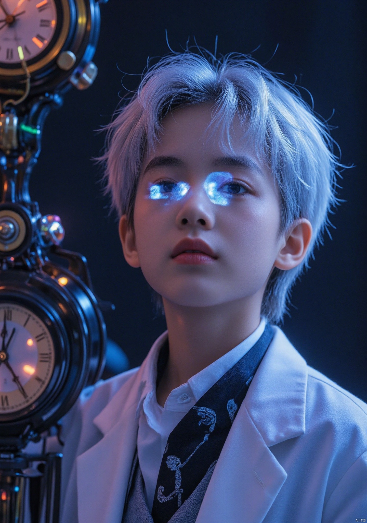Detailed hair, detailed eyes, immersive background, absurdres, masterpiece, best quality, high resolution, 4k, perfect illustration, detailed art style, looking at viewer, 1boy, lu_guang,white hair,black eyes,white shirt,open clothes,collared shirt,black shirt, from_below, dramatic lighting, neon lighting, clock