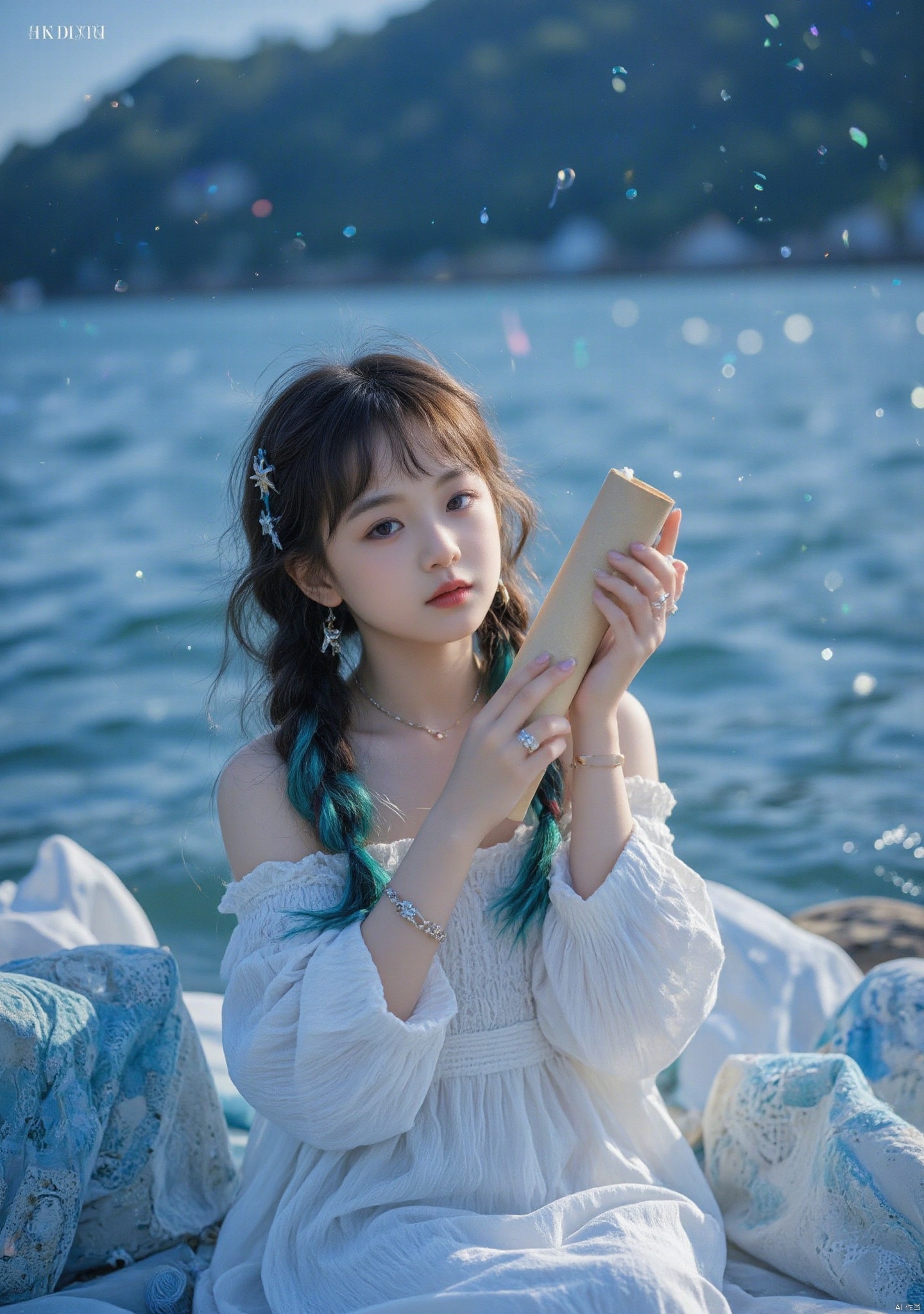 1girl, solo, long hair, looking at viewer, bangs, hair ornament, jewelry, purple eyes, braid, twintails,multicolored hair, choker, hairclip, pink eyes, off shoulder, star \(symbol\), nail polish, bracelet, aqua hair, ring, hair rings, star hair ornament, hair ornament, long sleeves, dress, holding, sitting, full body, barefoot, wide sleeves, water, white dress, scroll, waves ,backlighting,blue and white theme,depth of field,cinematic lighting,light particles,lens flare, (artist:quasarcake:0.8),extreme aesthetic,(wlop:0.6),masterpiece,best quality,good quality,newest,year 2024,year 2023,very aesthetic,absurdres,Visual impact,A shot with tension, ultra-high resolution,32K UHD,sharp focus,best-quality,masterpiece,Emotionalization,unconventional supreme masterpiece,masterful details,temperate atmosphere,with a high-end texture,in the style of fashion photography, (Visual impact:1.2),giving the poster a dynamic and visually striking appearance,impactful picture,offcial art,colorful,splash of color,movie perspective, masterpiece,best quality,amazing quality,very aesthetic,absurdres,best quality,newest
