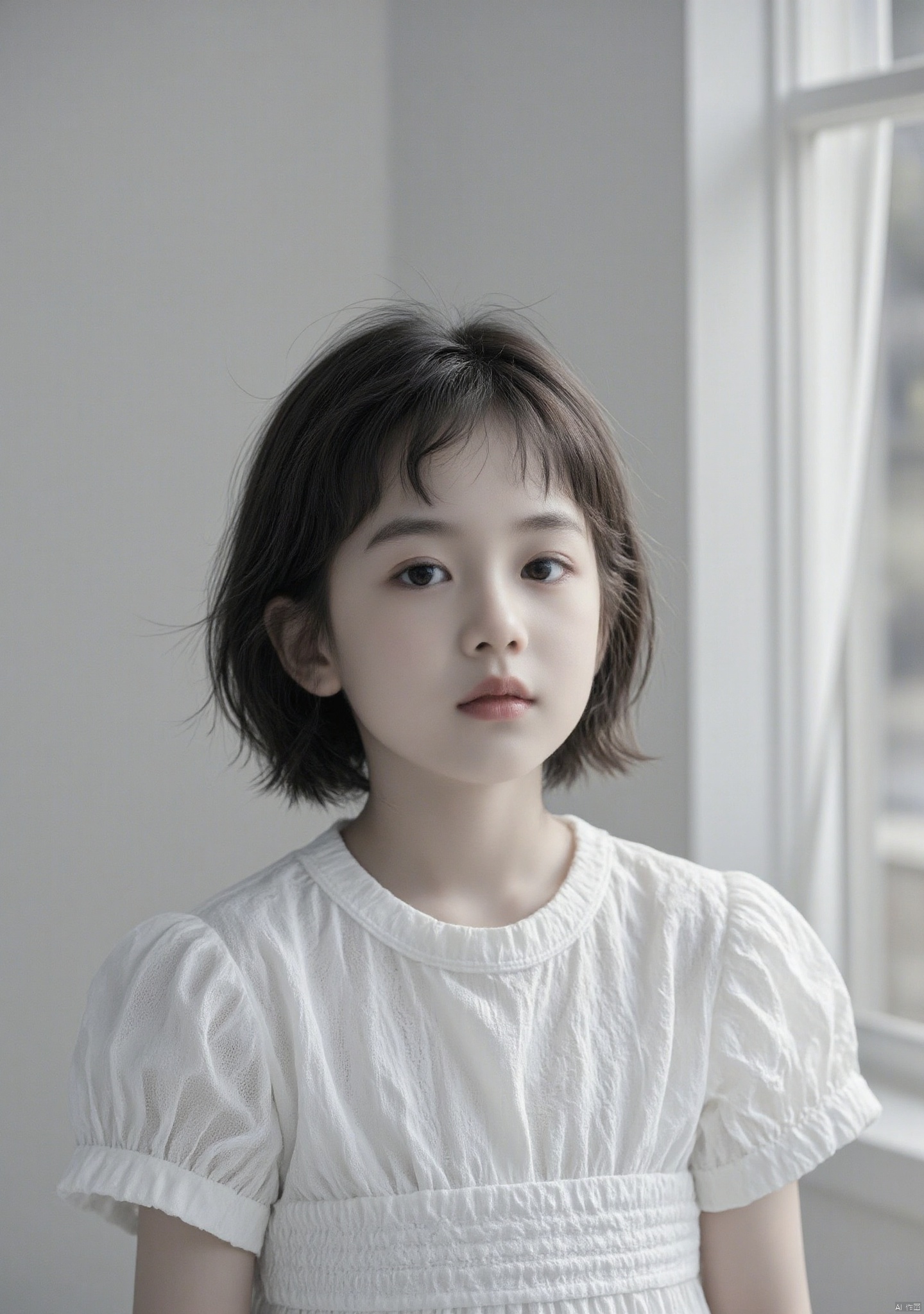 the portrait,a little girl with a medium-length Bob and bangs,wearing a white dress,stands in front of a window. The image is black and white,light shines through the window on the side of her face,the background is simple,the light and shadow are soft. The focus is clean and sharp,with high resolution and attention to detail,resulting in high-quality images,