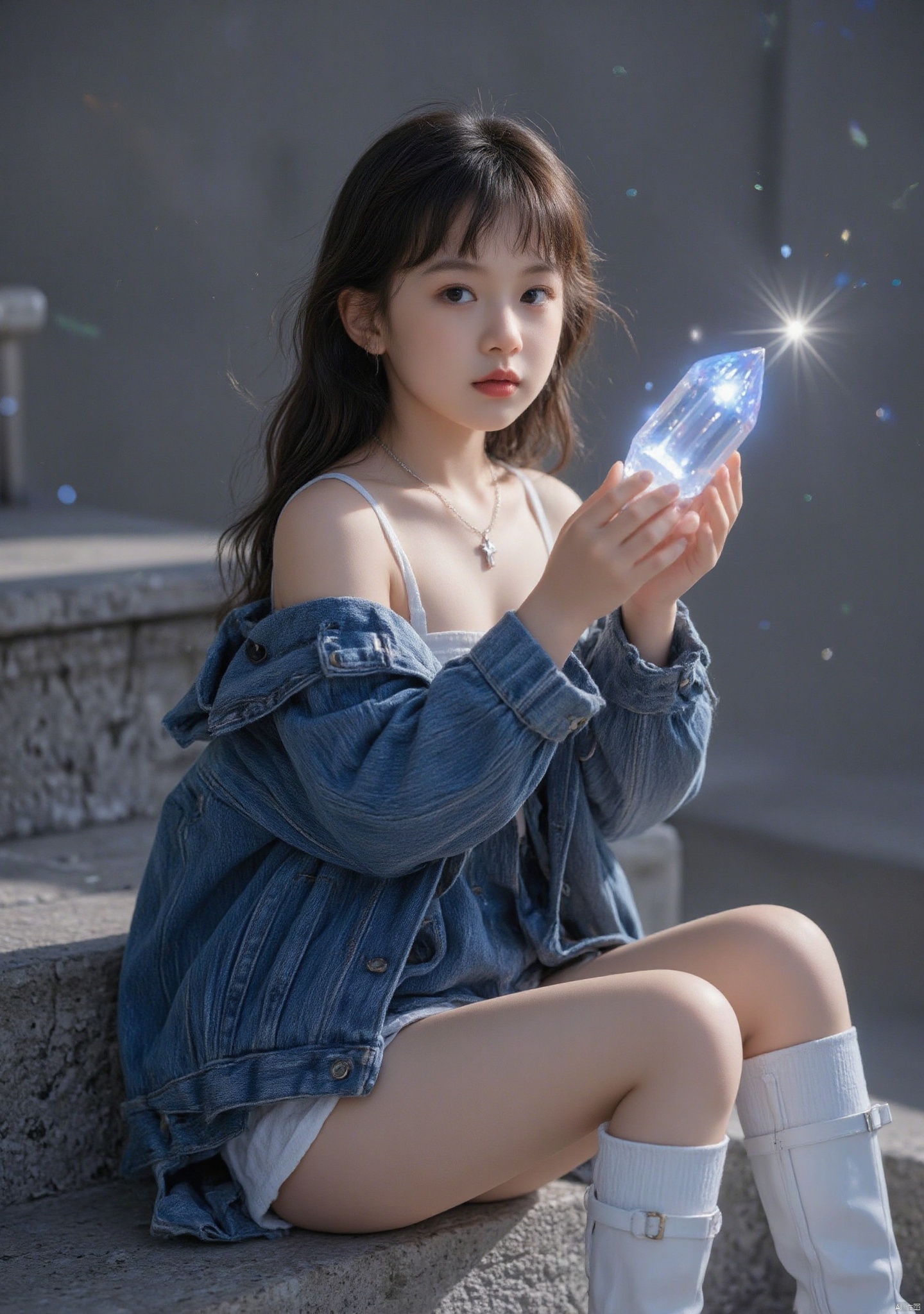1girl, solo, long hair, breasts, looking at viewer, bangs, blue eyes, brown hair, black hair, thighhighs, holding, bare shoulders, jewelry, sitting, jacket, boots, hood, blunt bangs, necklace, star \(symbol\), fingernails, thigh strap, glowing, white footwear, blue jacket, hood up, crystal, stairs