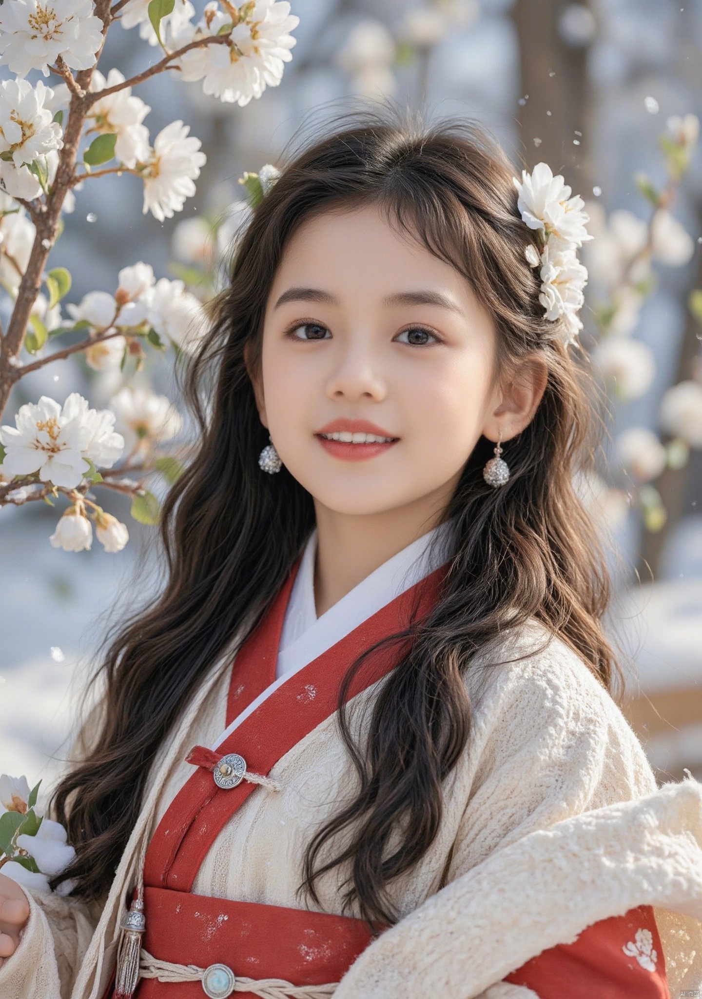 A little girl with long black hair adorned with white flowers on the side of her head, wearing a red and white Hanfu garment in front of a snowy scene, smiling with a happy expression. She has delicate facial features, exquisite makeup, and is wearing white earrings hanging from her shoulders. She is also wearing a red cloak with a small silver decoration around the neck. The full-body photographs are in a realistic photographic style, with a snowy scene background and soft light shining through the leaves.