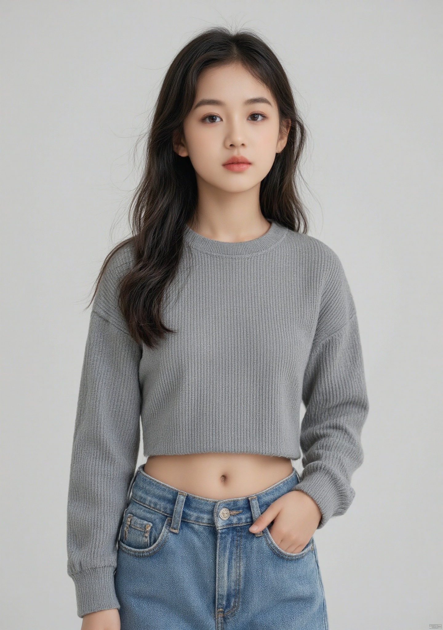 A Chinese woman with long black straight hair is wearing a short gray top that exposes her abdomen, and a pair of high waisted jeans on her lower body