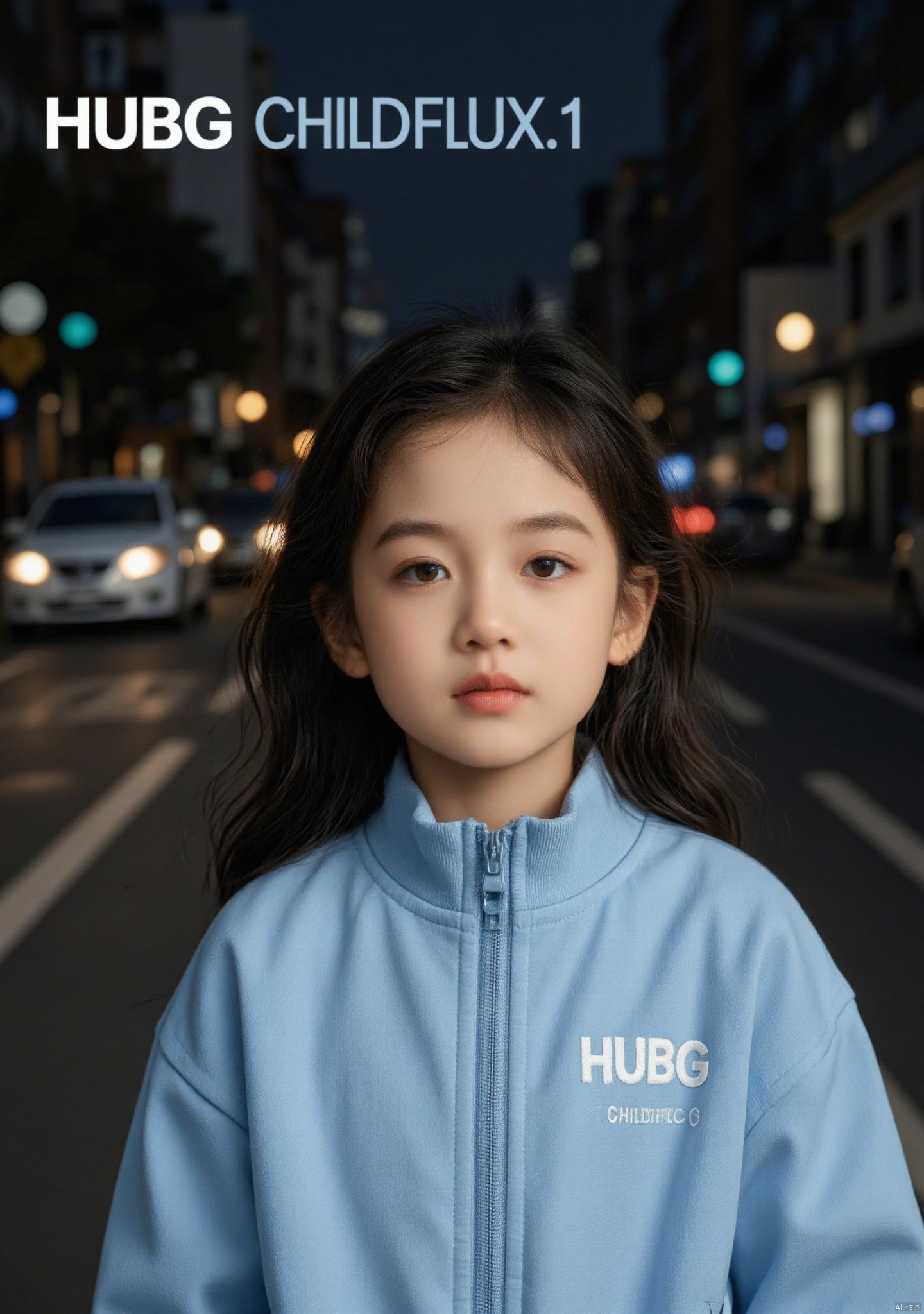 A medium shot of a girl in a light blue jacket. The jacket has a zipper on the front and a white HUBG logo on the right side. The girl has dark brown hair and blue eyes. She is standing in front of a backdrop of a city street. There are cars driving on the street. The background is dark and blurred. The word "HUBG ChildFlux.1" is written in bold white letters at the top of the image.