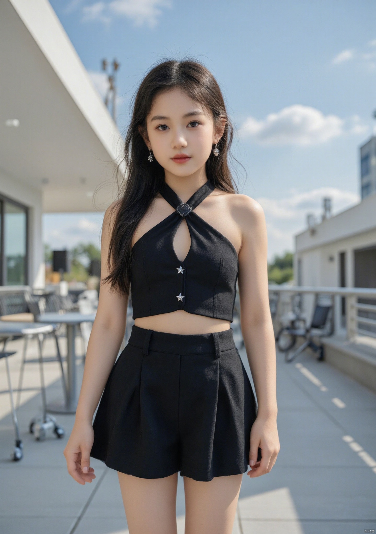 A full-length photo of a stylish 16-year-old Asian girl with long, sleek black hair styled into a chic ponytail, her radiant skin glowing in the natural daylight. She has a toned, athletic build, exuding poise and confidence. Her brown eyes, with a soft and natural almond shape, reflect the light subtly, adding warmth and depth to her expression. A captivating smile rests on her lips, and her relaxed posture exudes charm and elegance, making her approachable and captivating. She is dressed in a trendy black halter-style crop top that accentuates her figure with a deep neckline and delicate cut-out details just below the bust. The top has subtle star-shaped embellishments at the center, adding a touch of sparkle to her ensemble. She pairs the top with a short high-waisted, flared mini skirt that flows elegantly, creating a flattering and balanced silhouette, emphasizing her toned legs and youthful appeal. The outfit is completed with understated silver earrings, minimal makeup, and classic black heels, adding sophistication and modern elegance. The backdrop features an outdoor venue with clear skies and sleek modern architecture, perfectly complementing her stylish outfit and radiant personality. The setting enhances the vibrancy of her look, with natural daylight highlighting her presence and making her the focal point in this lively and energetic atmosphere, ready for a stage performance or a dynamic event.