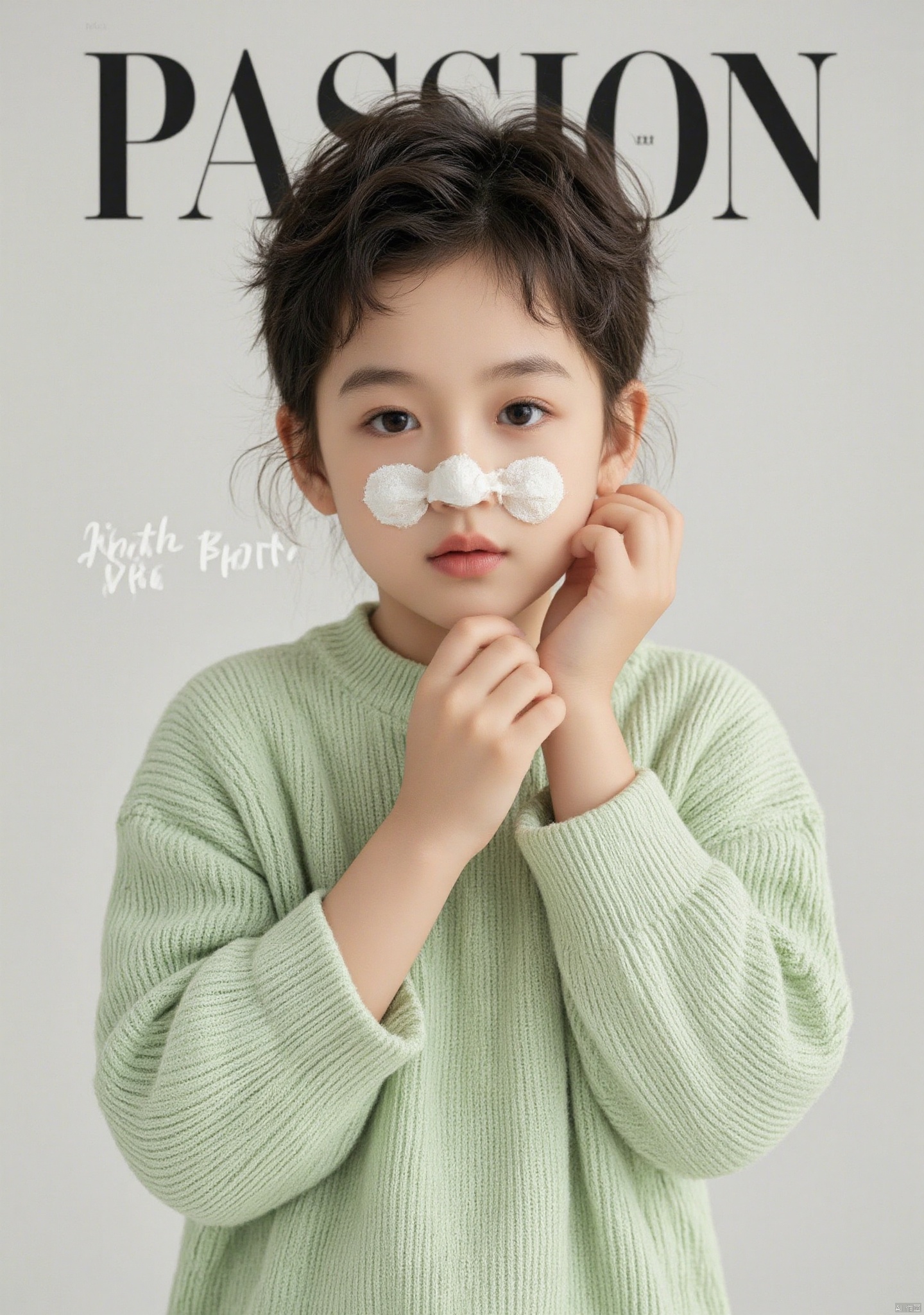 A little girl wearing a light green trendy outfit, with meatballs, curly hair, simple background,upper body,The text "PASSION" in the background, using trendy photography techniques, creates a visual effect similar to a magazine cover