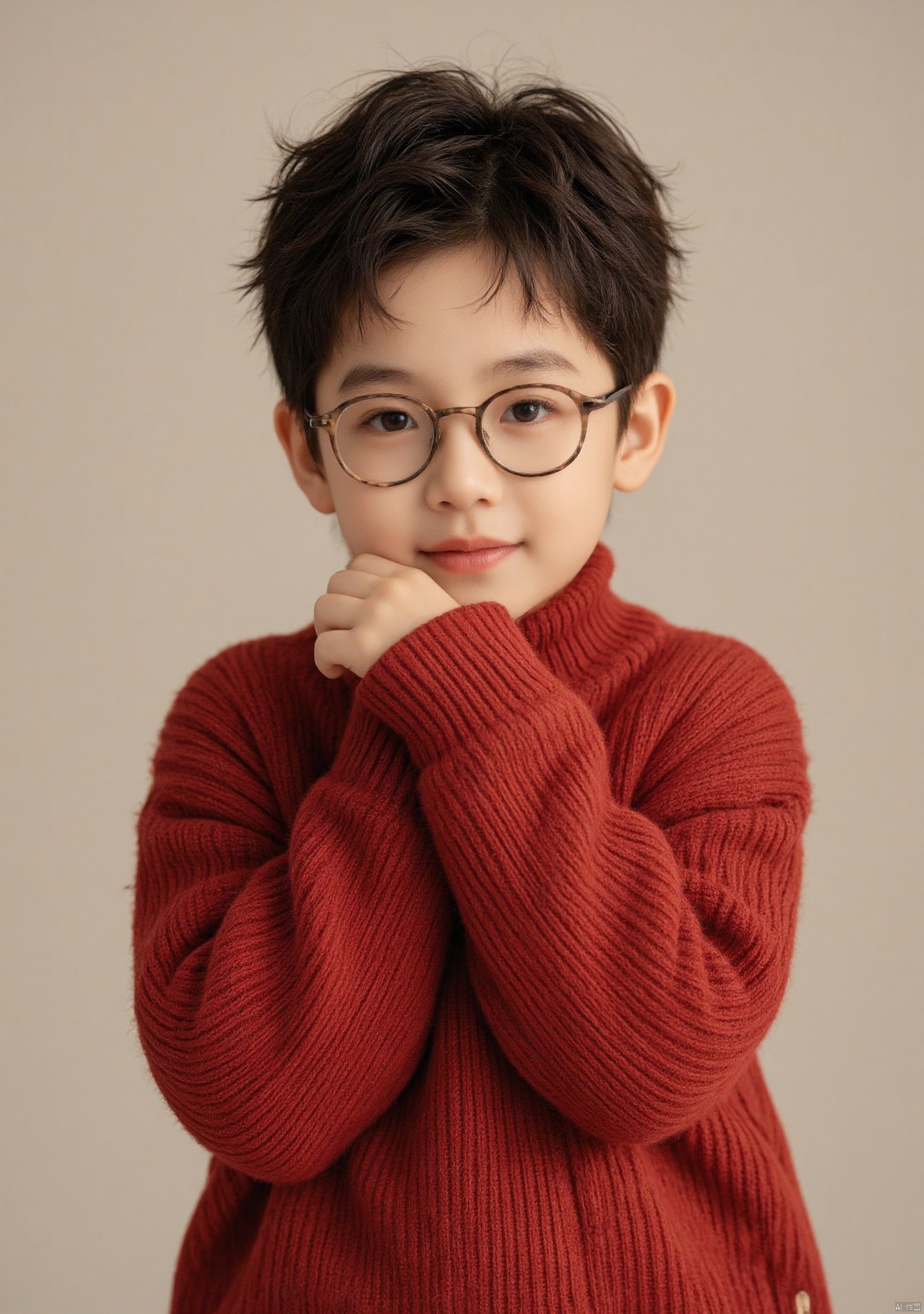 a little boy,wearing glasses and a red sweater with a smile on his face and arms folded over his shoulders, Byeon Sang-byeok, childish, a photocopy, toyism, portrait photography