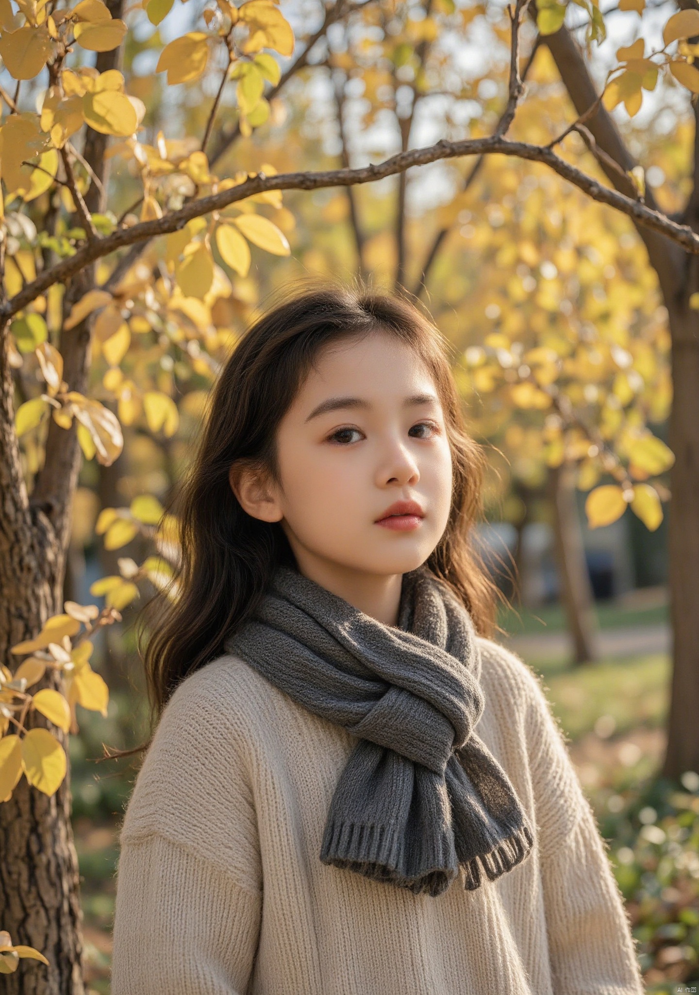 a little girl wearing a scarf and a sweater in the fall with a tree in the background and a yellow leafy tree in the foreground,Chen Jiru,a stock photo,art and language,autumn,