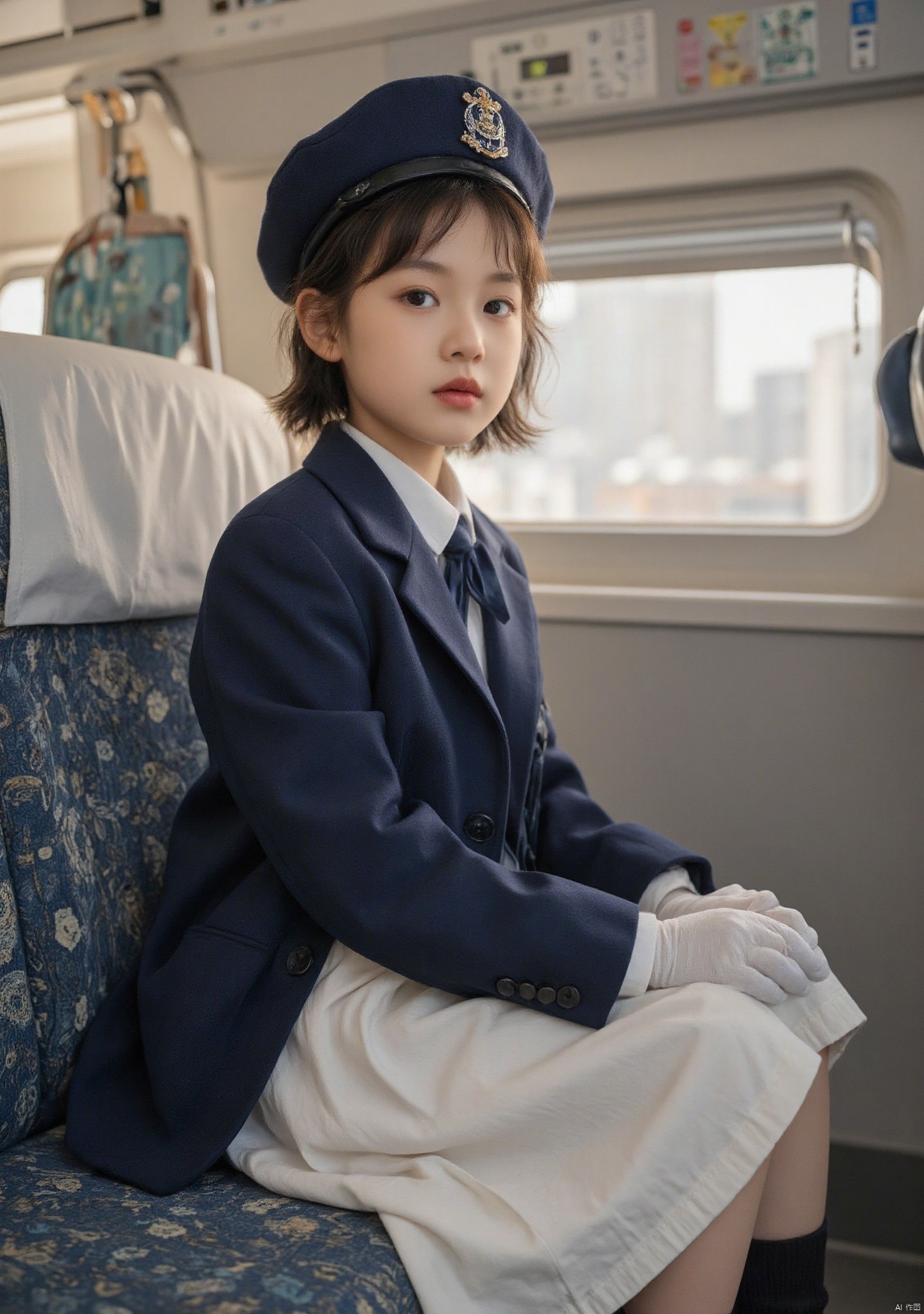1girl, solo, breasts, looking at viewer, short hair, skirt, brown hair, shirt, gloves, long sleeves, hat, brown eyes, sitting, jacket, pantyhose, necktie, white gloves, uniform, lips, military, white skirt, crossed legs, pencil skirt, blue necktie, garrison cap, train interior, seat